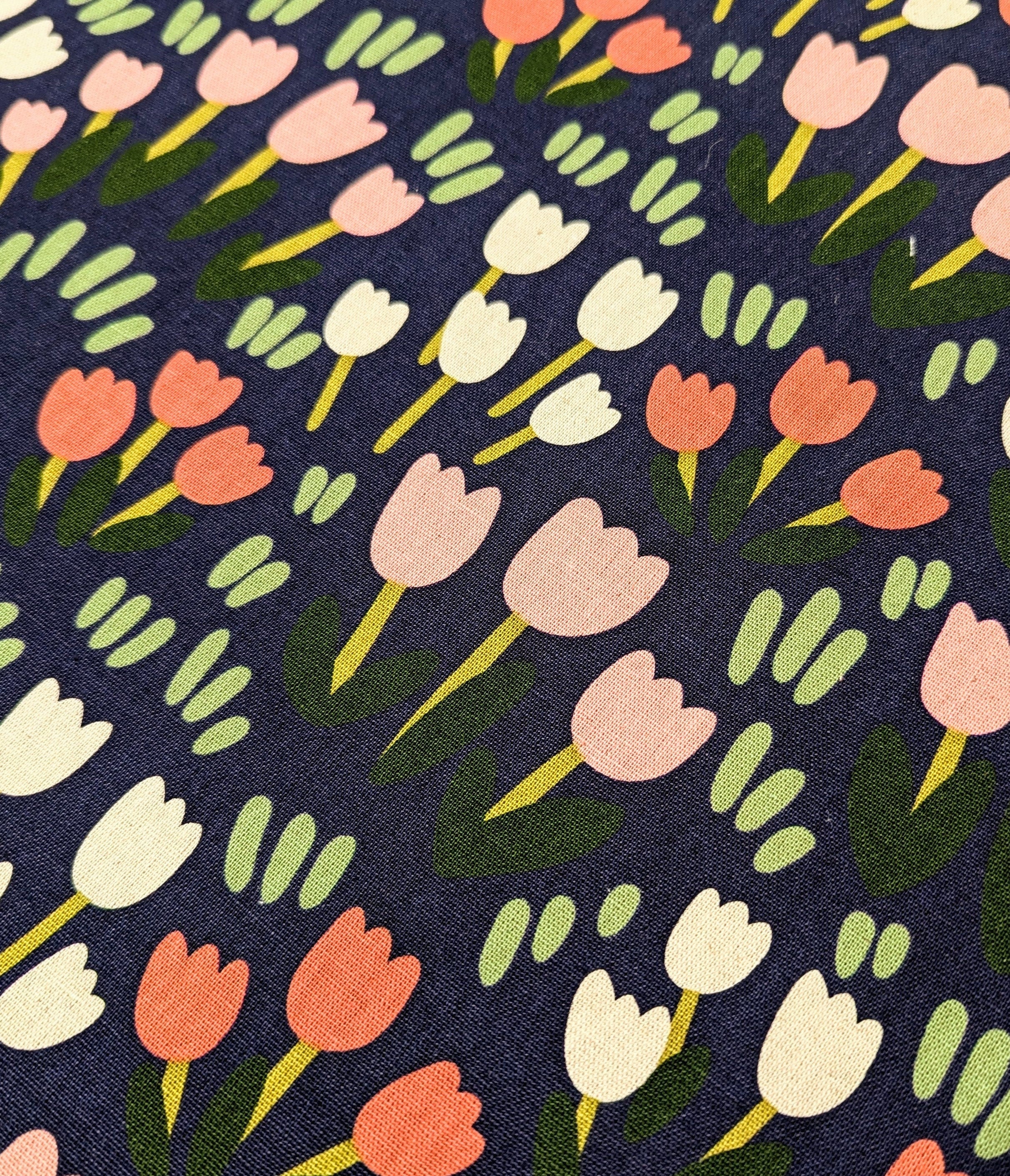 Tulip Fields Kobayashi Japanese cotton linen canvas fabric KTS-6943-D pink, white & navy