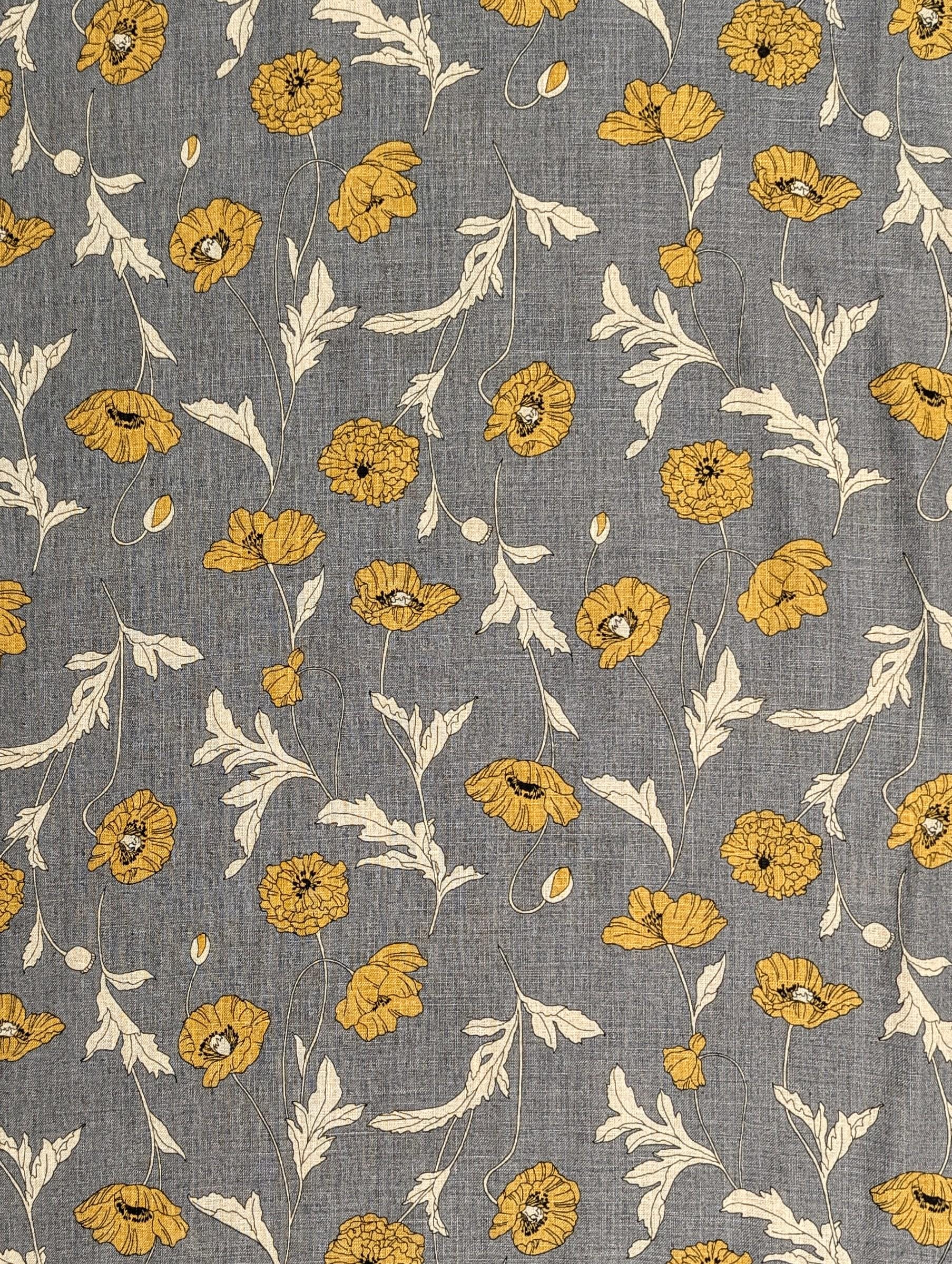 Summer Poppies Japanese linen fabric 7023-1710-2B gray and yellow