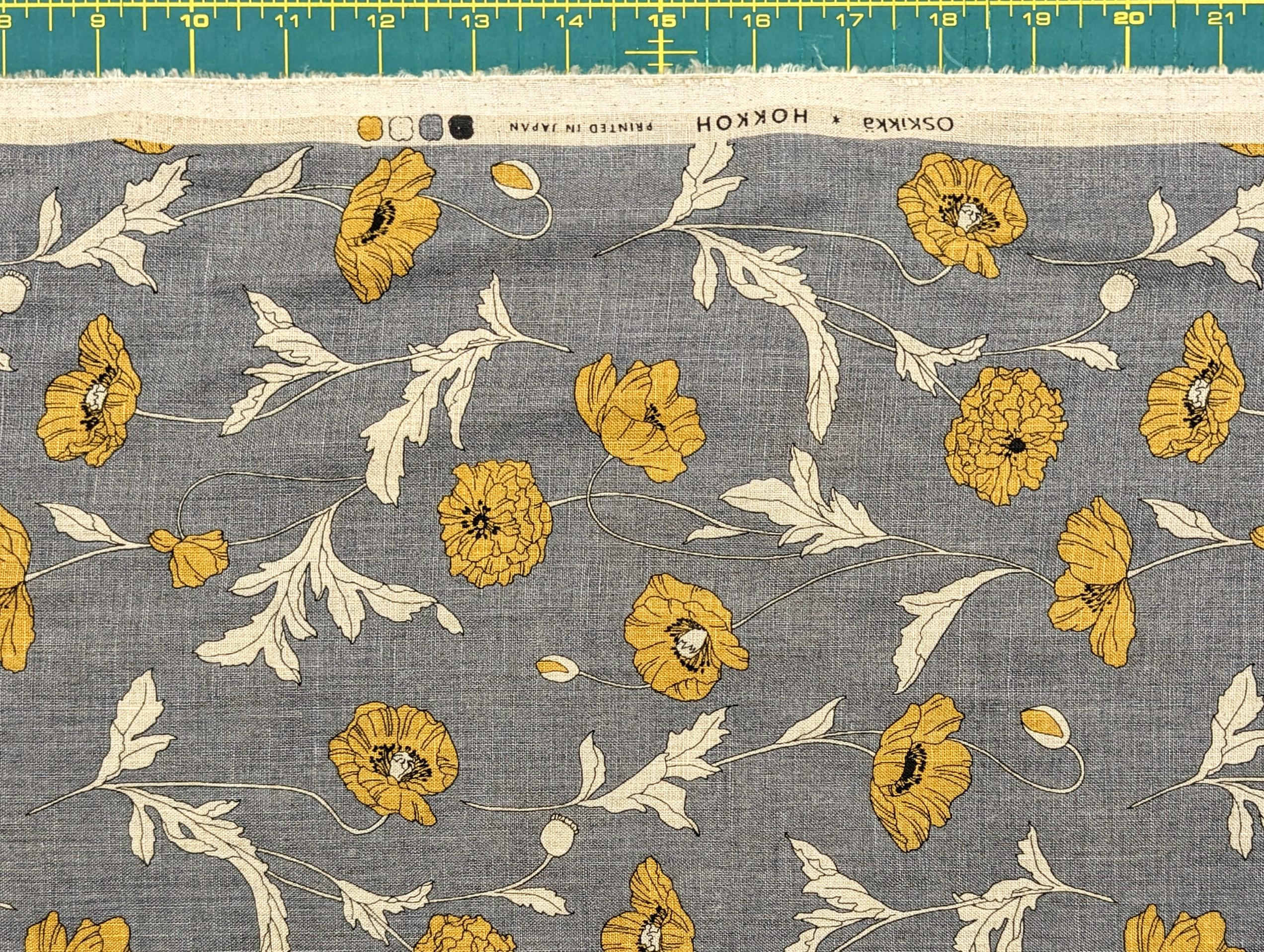 Summer Poppies Japanese linen fabric 7023-1710-2B gray and yellow