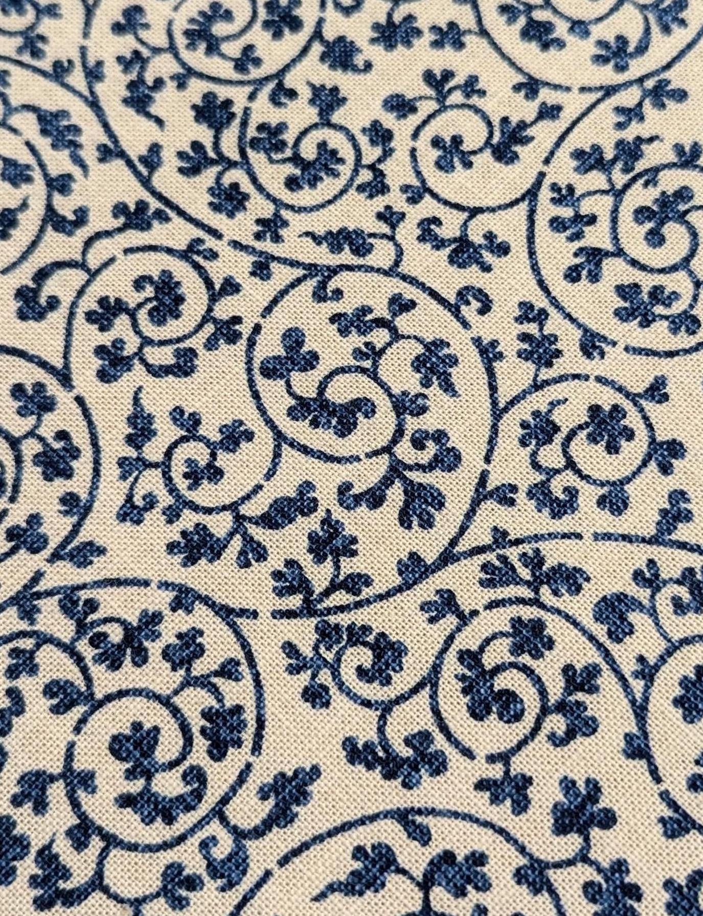 Hand Stenciled Swirling Vines Japanese cotton fabric KP7090-72 E blue off-white - half yard