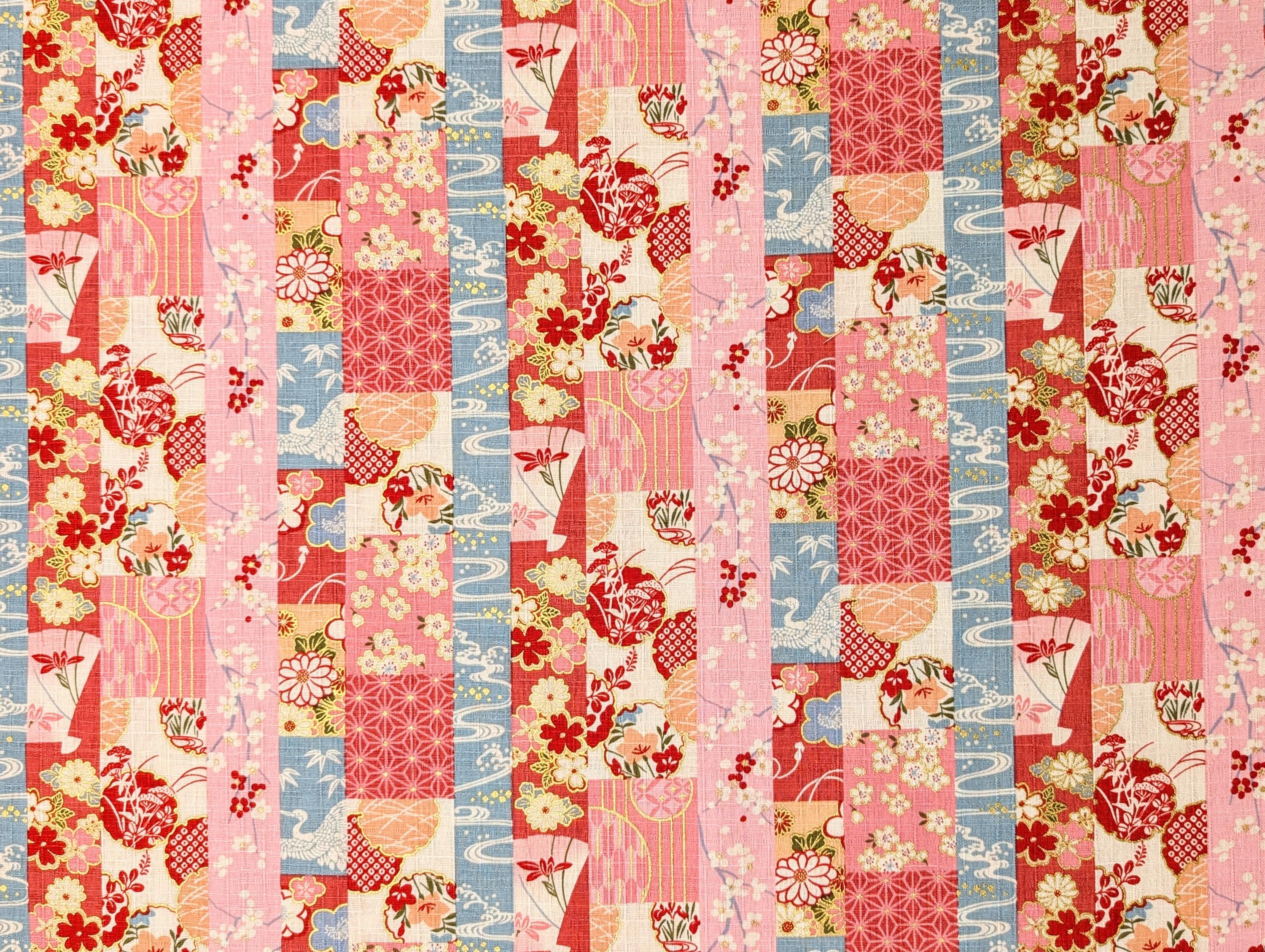 Striped Fans and Flowers Hokkoh Japanese dobby cotton fabric 1024-1120-1 A pink