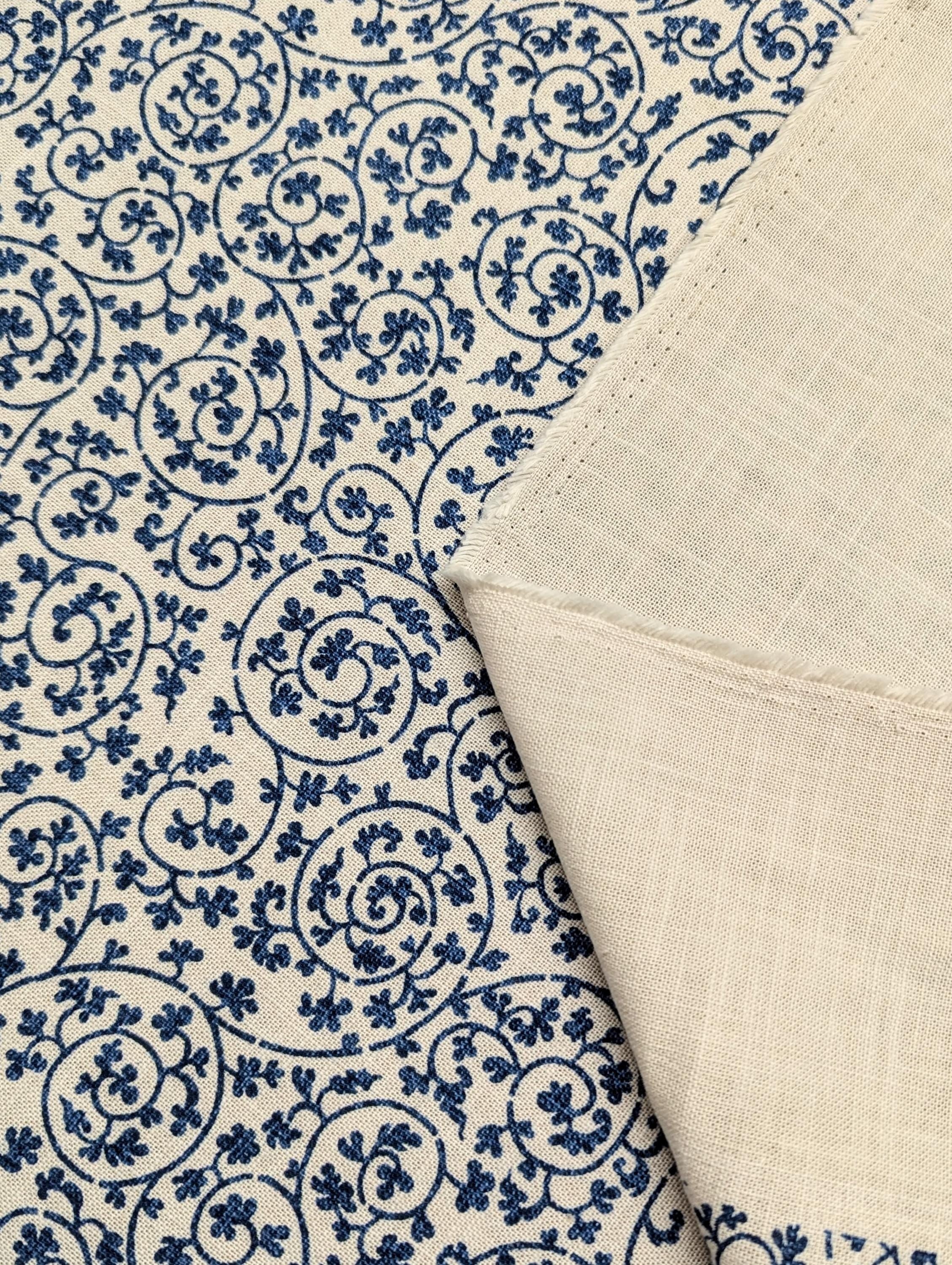 Hand Stenciled Swirling Vines Japanese cotton fabric KP7090-72 E blue off-white - half yard