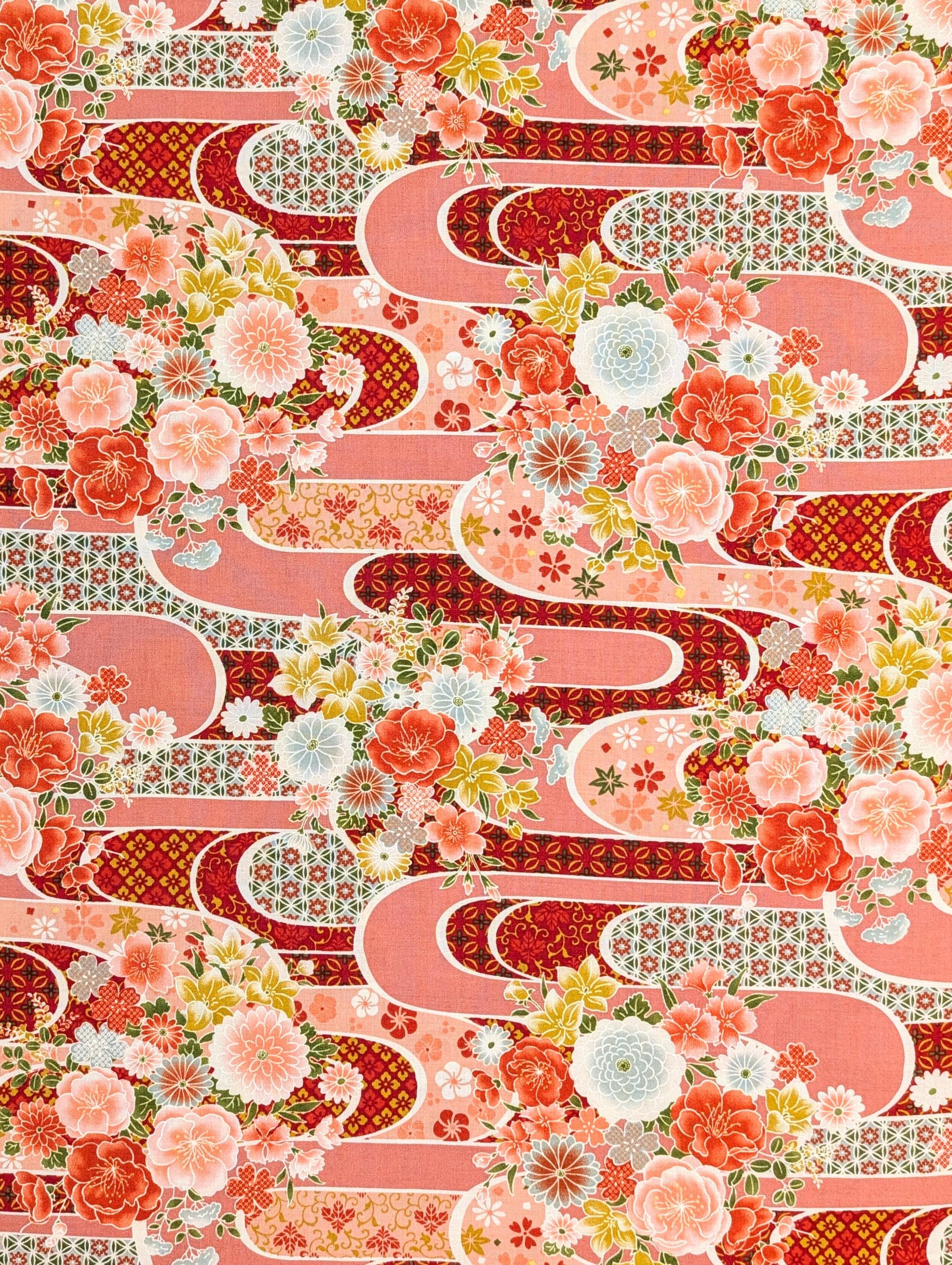 Floral Waves Sevenberry Japanese cotton fabric 850427-1-4 pink and red
