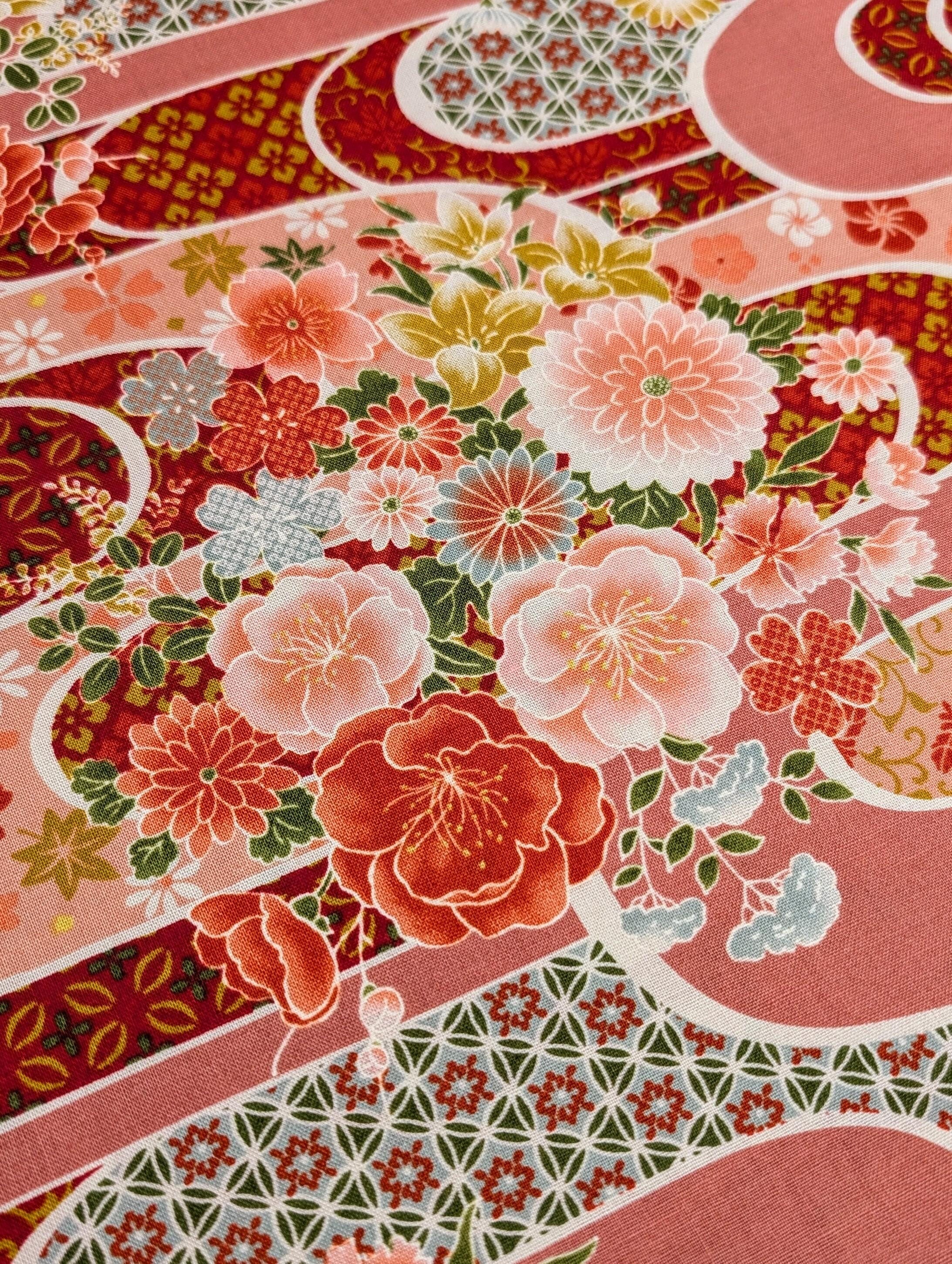 Floral Waves Sevenberry Japanese cotton fabric 850427-1-4 pink and red