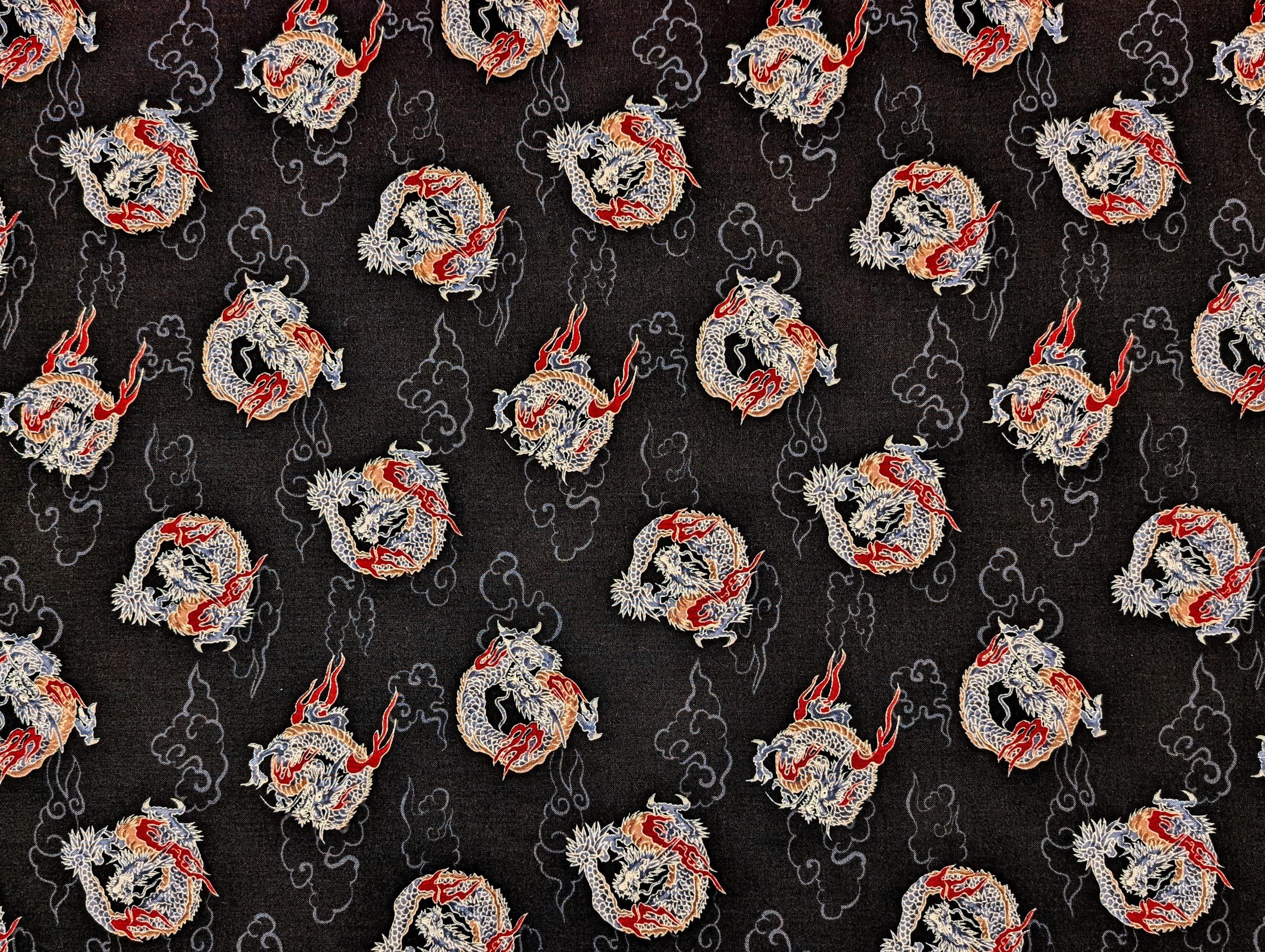 Circling Dragons Hishiei cotton fabric H-7107-1 D black