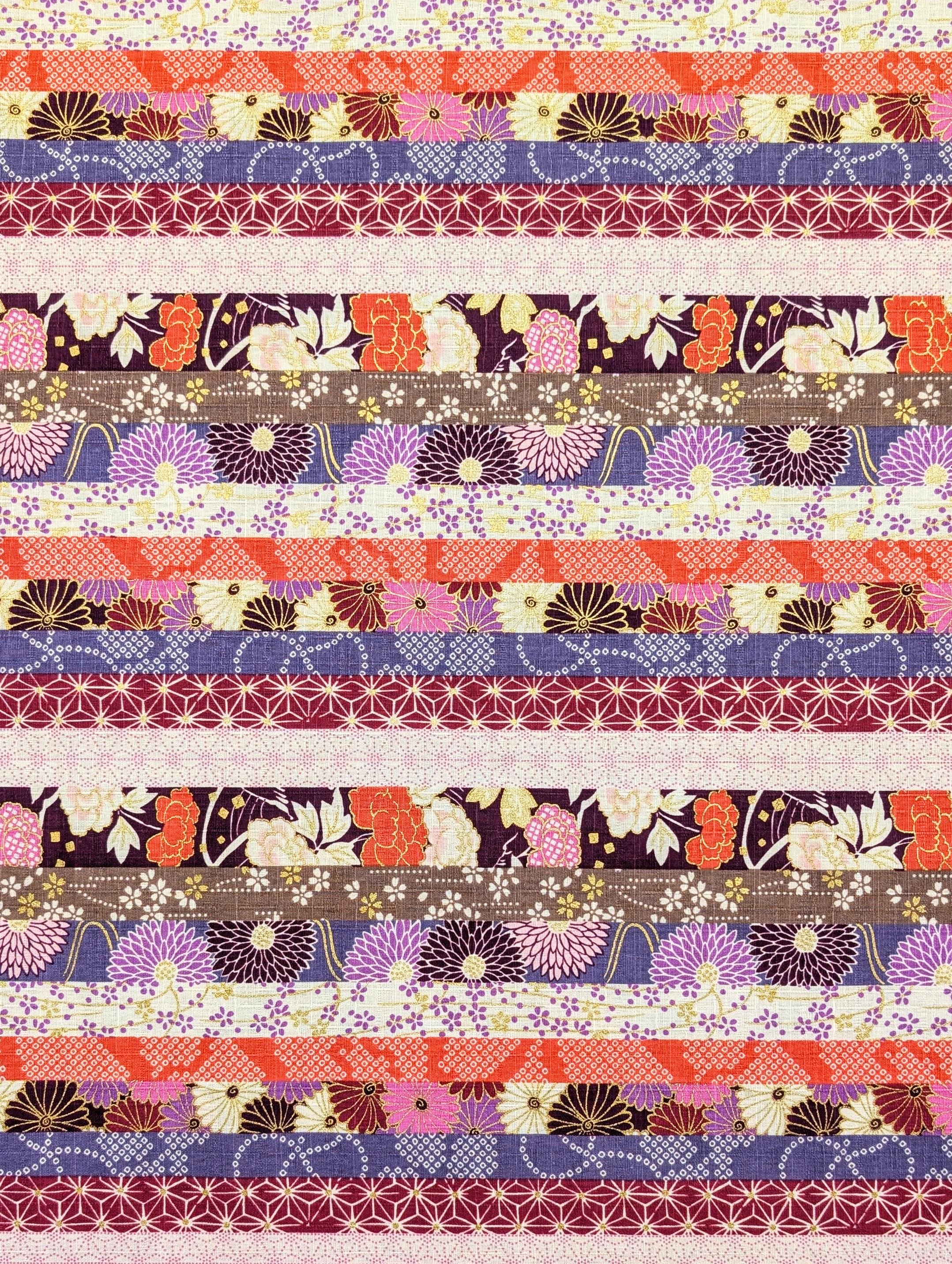 REMNANT Striped Flowers Hokkoh Japanese dobby cotton fabric 1024-100-3 C purple