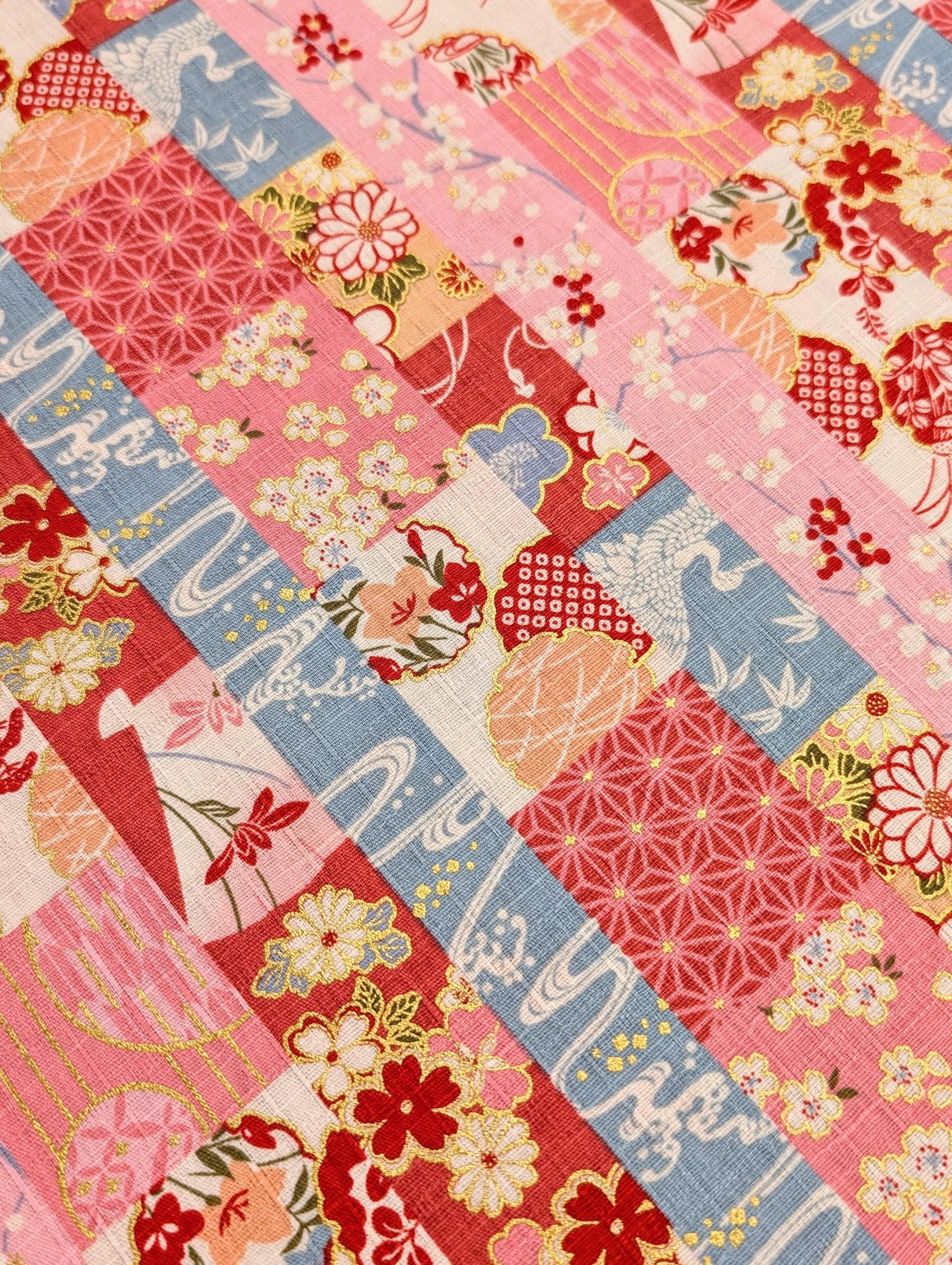 Striped Fans and Flowers Hokkoh Japanese dobby cotton fabric 1024-1120-1 A pink
