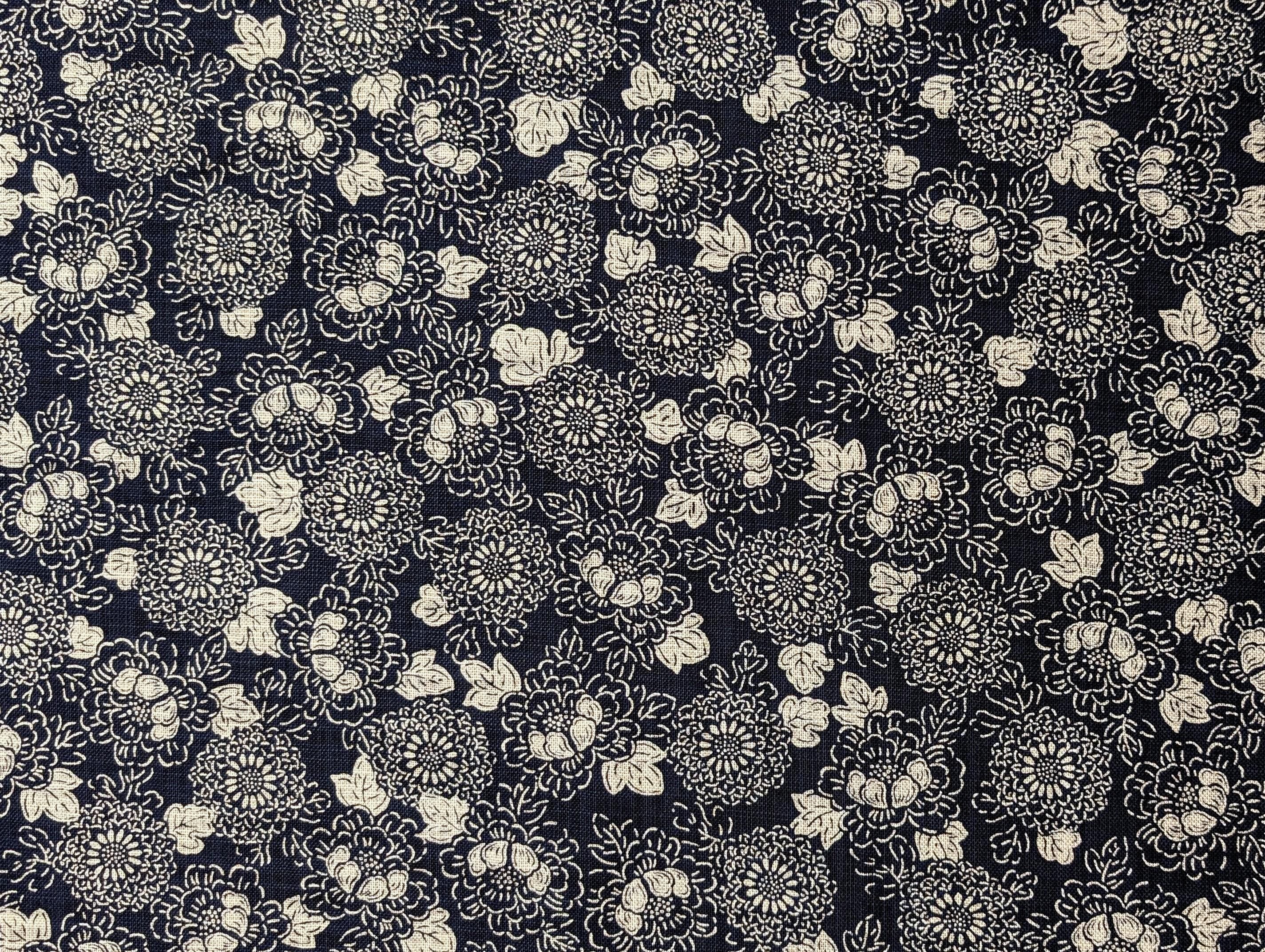 Sevenberry Karakusa Flower Japanese cotton fabric 88223-30 navy blue beige