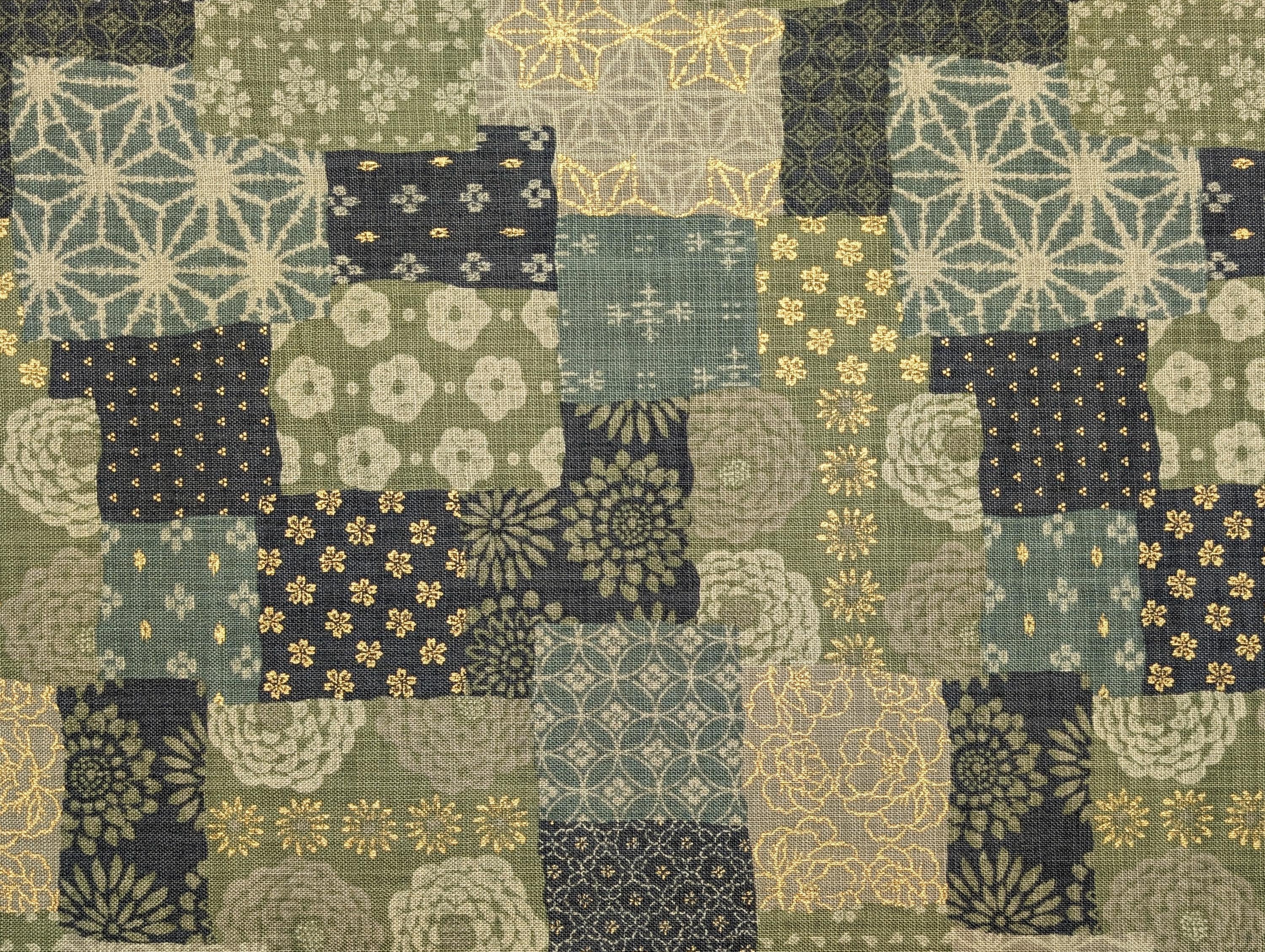 Sevenberry golden boro patchwork Japanese cotton fabric 88501-1-2 dusty green & blue