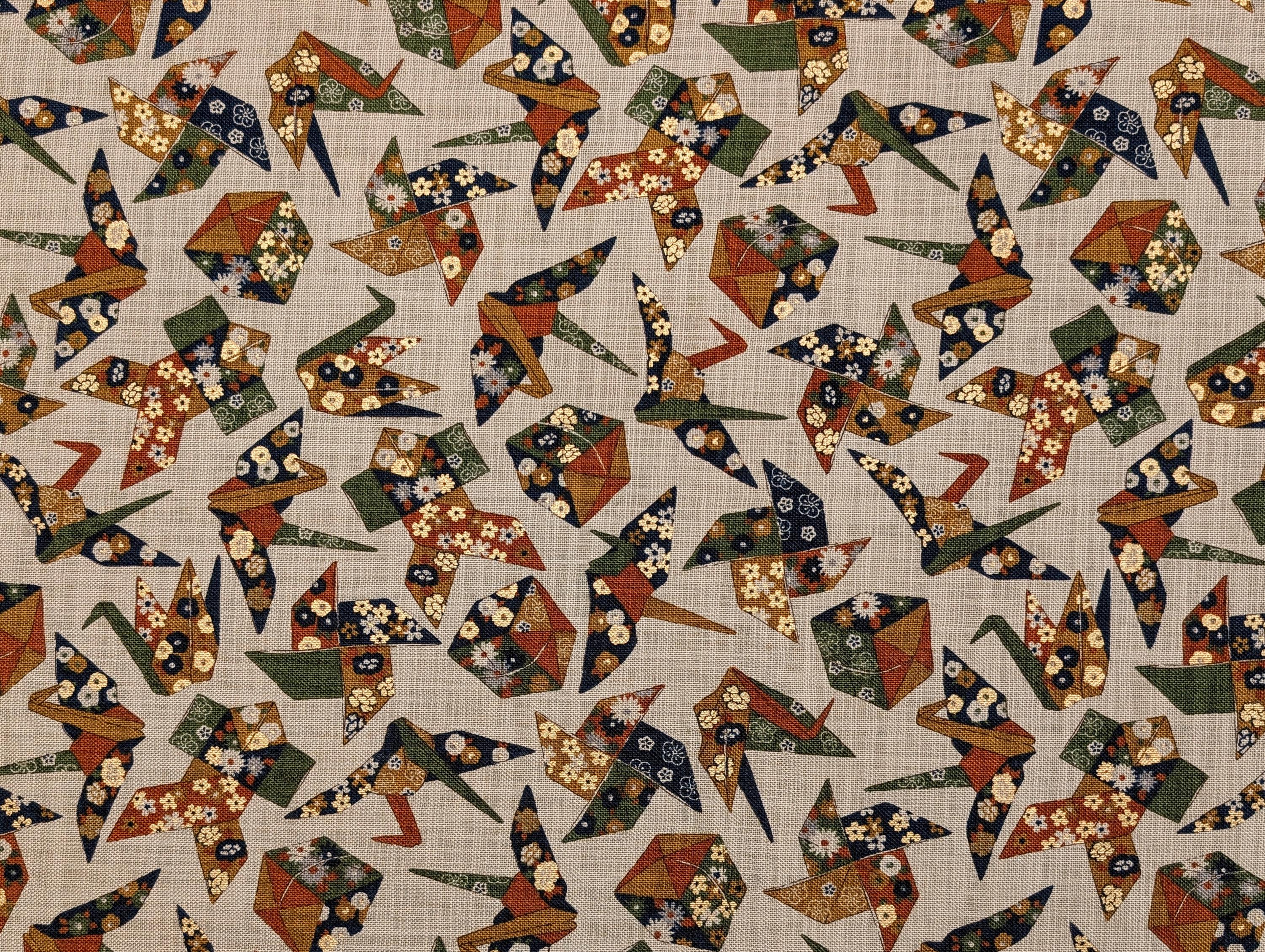 Sevenberry golden origami Japanese cotton fabric 88501-2-2 beige green & orange