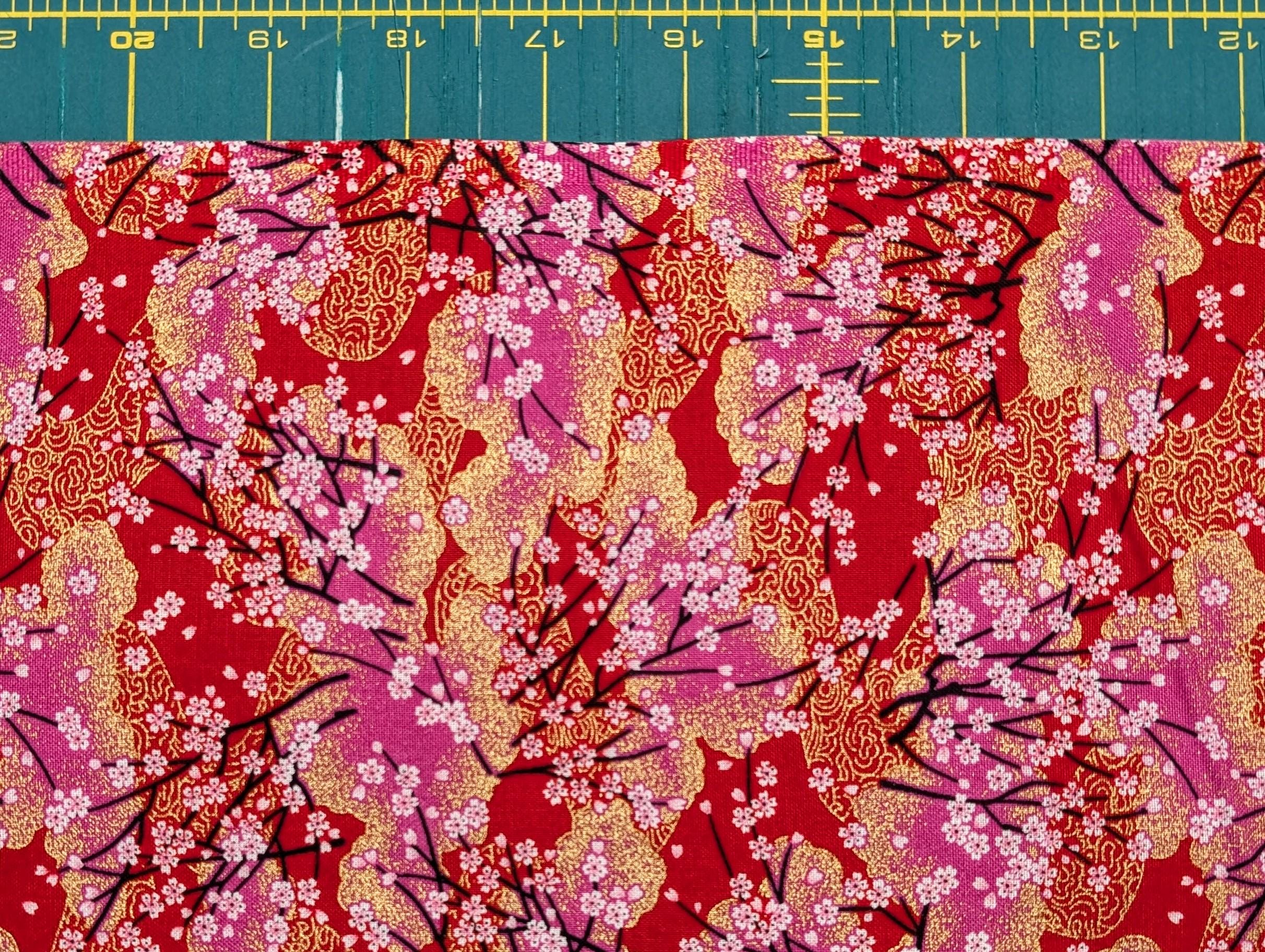 Cherry Blossom Trees with Gold Japanese cotton fabric A-45000-68 A red & pink