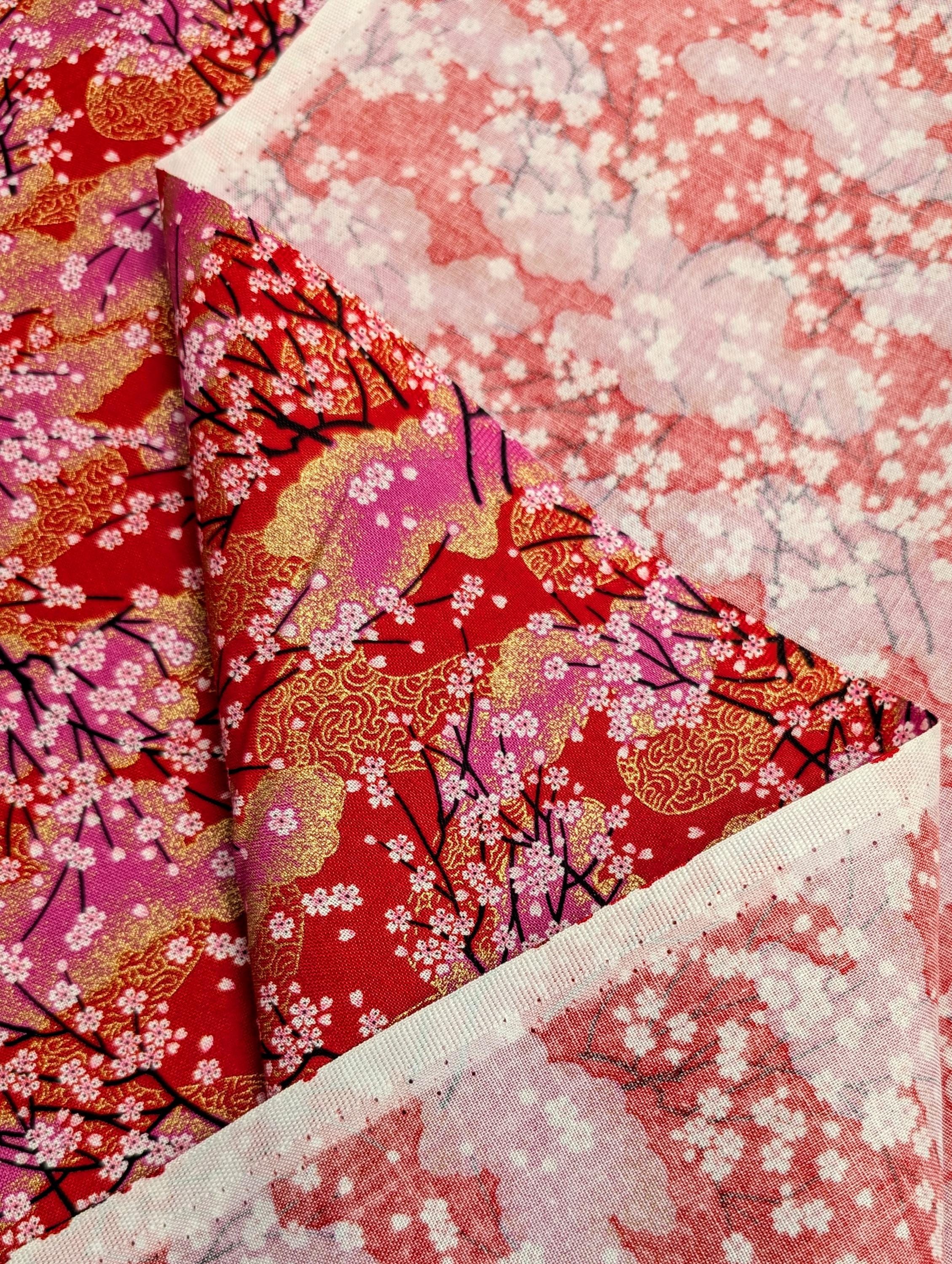 Cherry Blossom Trees with Gold Japanese cotton fabric A-45000-68 A red & pink