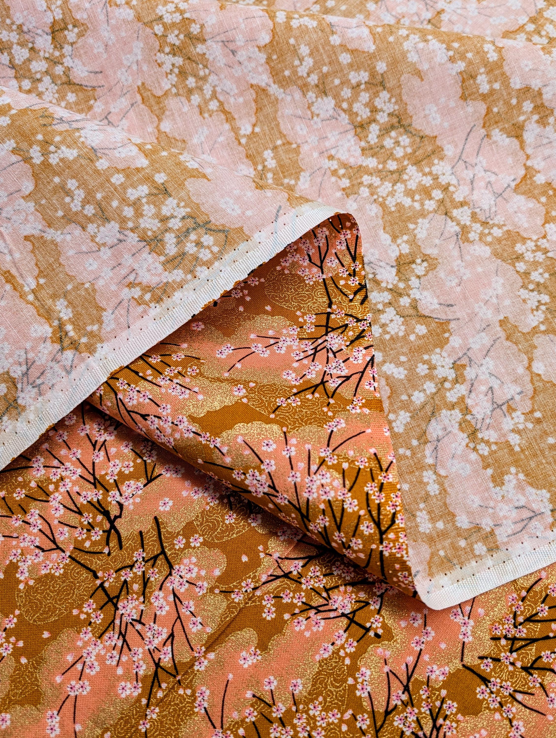 Cherry Blossom Trees with Gold Japanese cotton fabric A-45000-68 C orange & peach