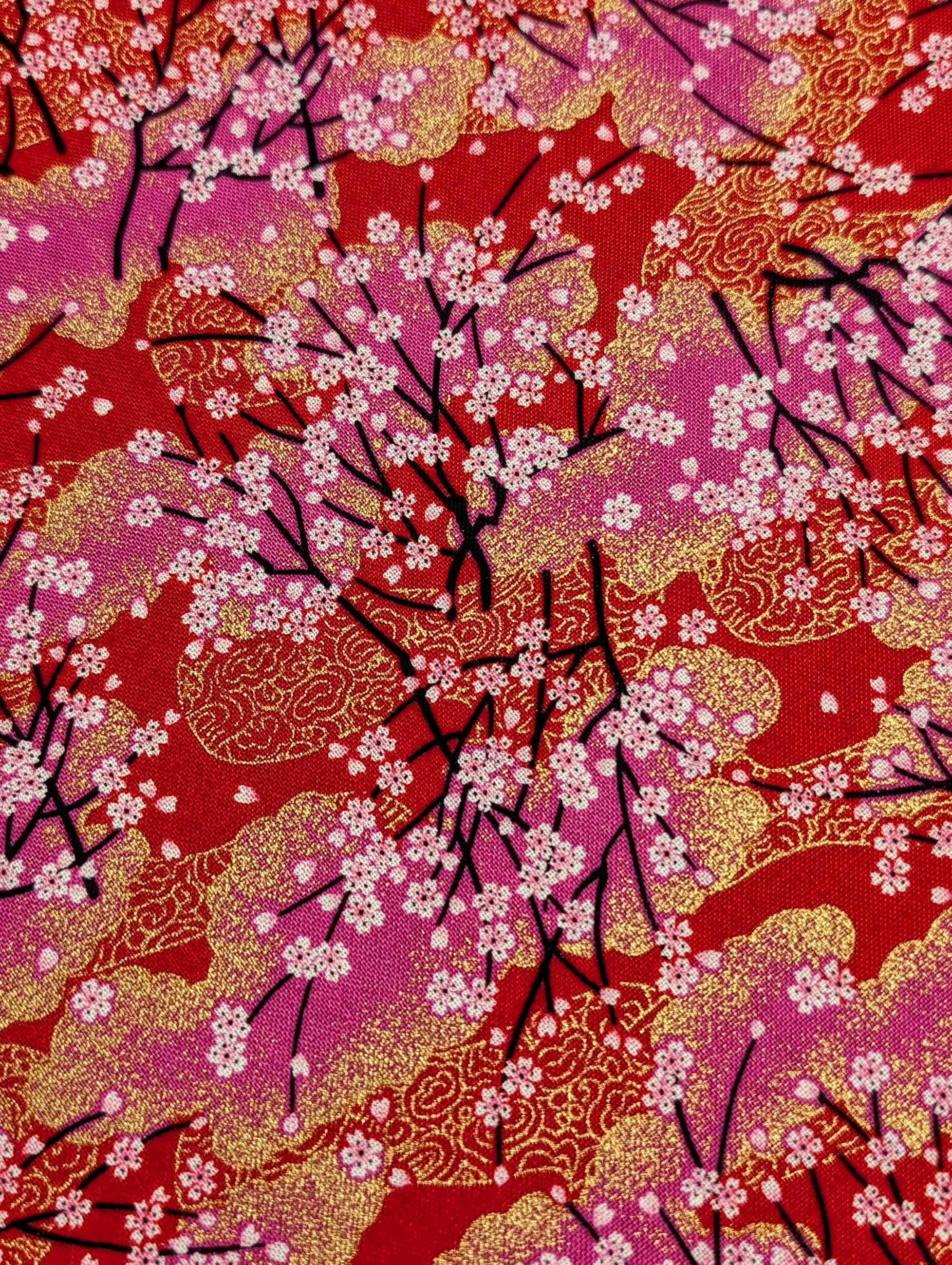Cherry Blossom Trees with Gold Japanese cotton fabric A-45000-68 A red & pink