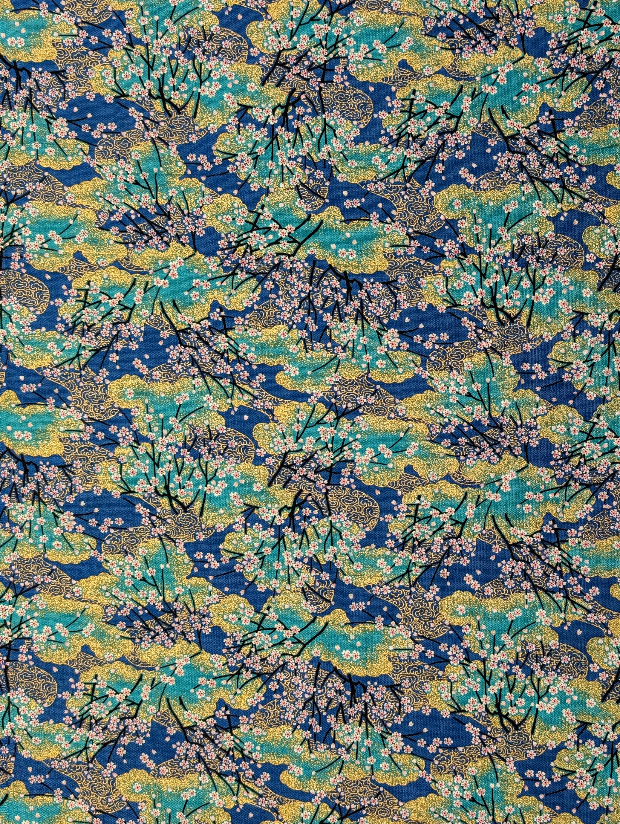 Cherry Blossom Trees with Gold Japanese cotton fabric A-45000-68 B blue & teal