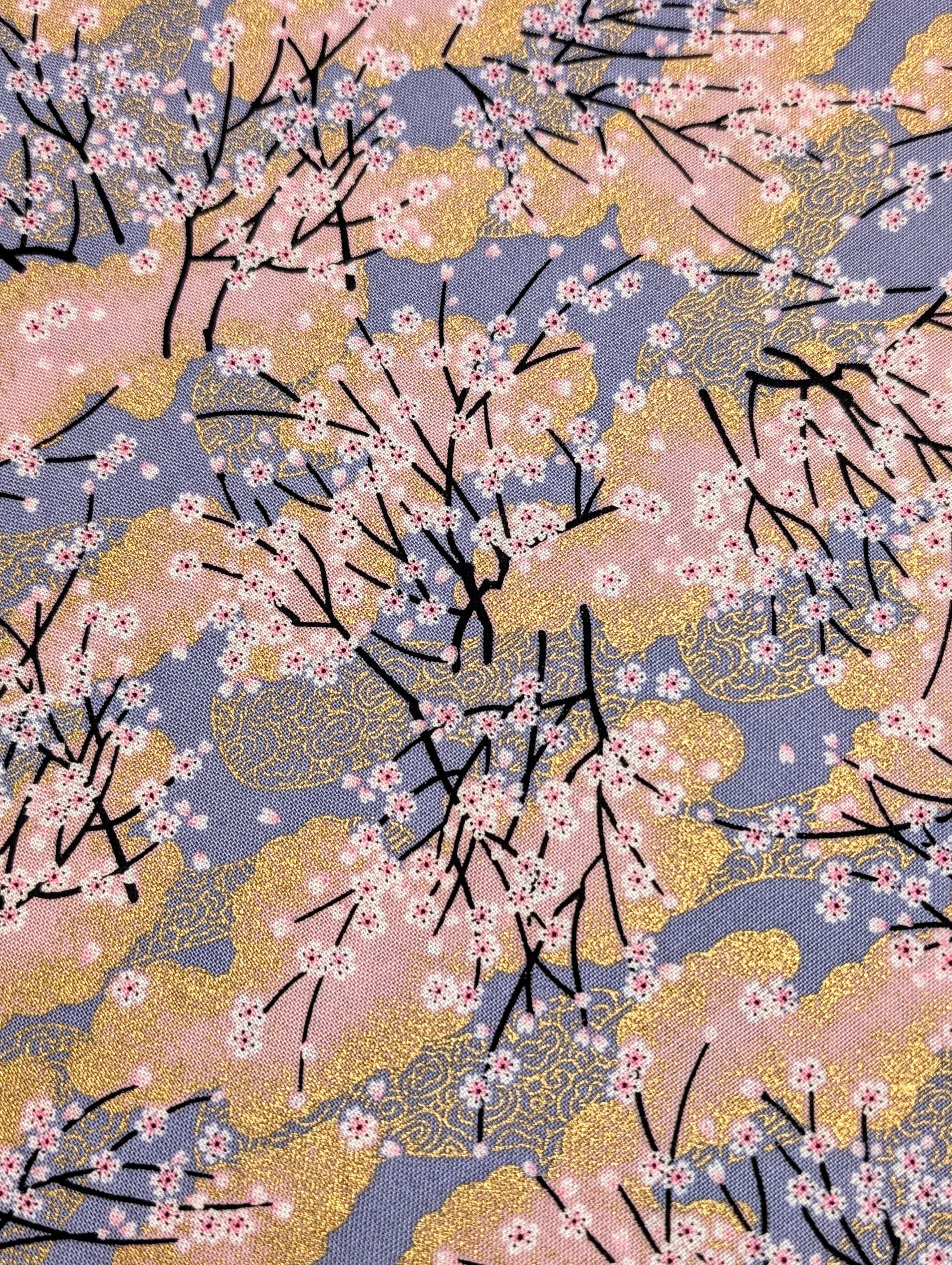 Cherry Blossom Trees with Gold Japanese cotton fabric A-45000-68 D pink & gray