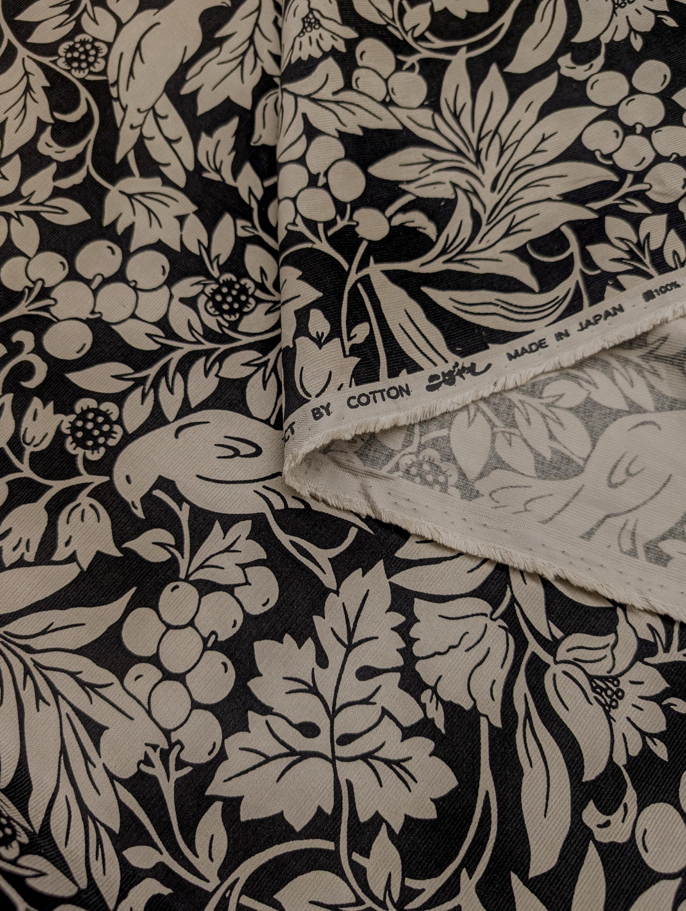 Kobayashi - NEW Botanical Doves Pin Wale Cotton Corduroy - Black & Gray