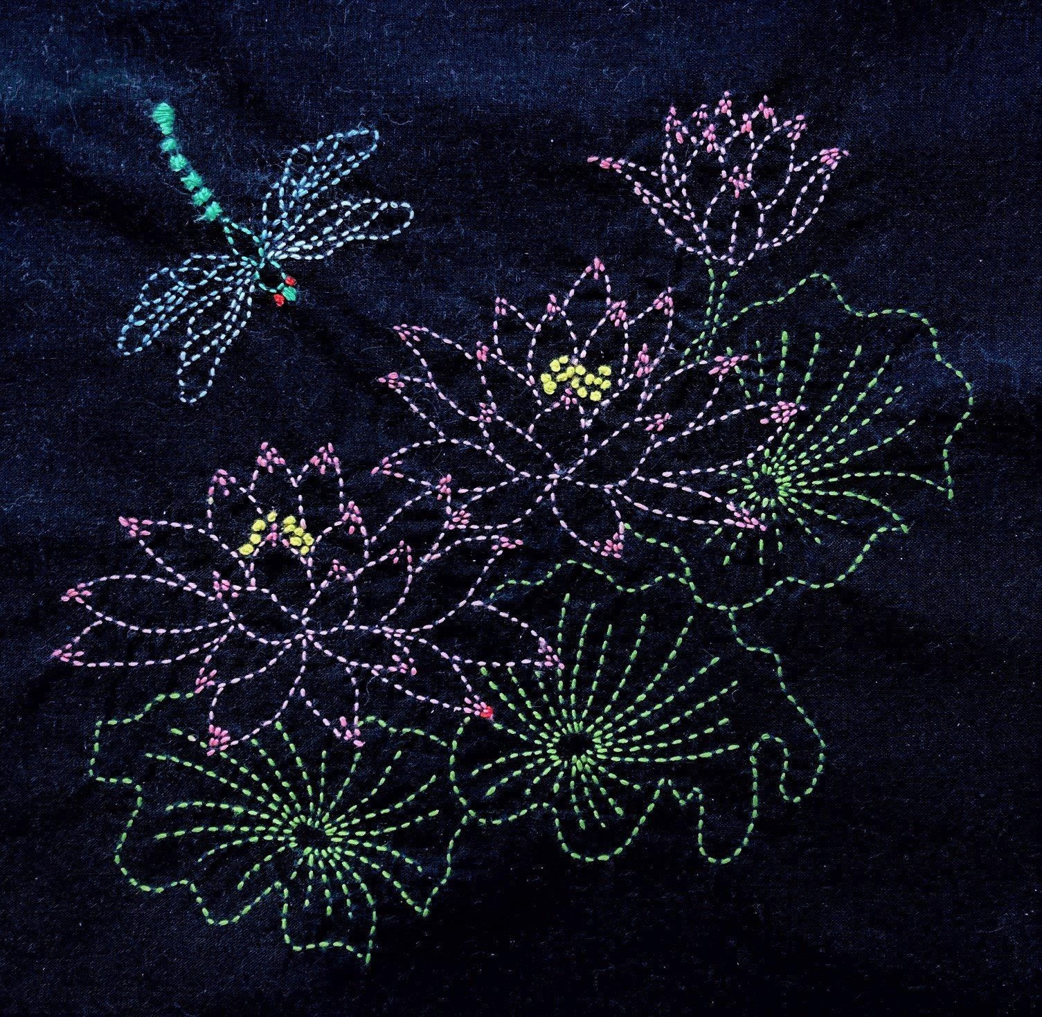 Sylvia Pippen pre-printed sashiko cotton panel Black Lotus & Dragonfly
