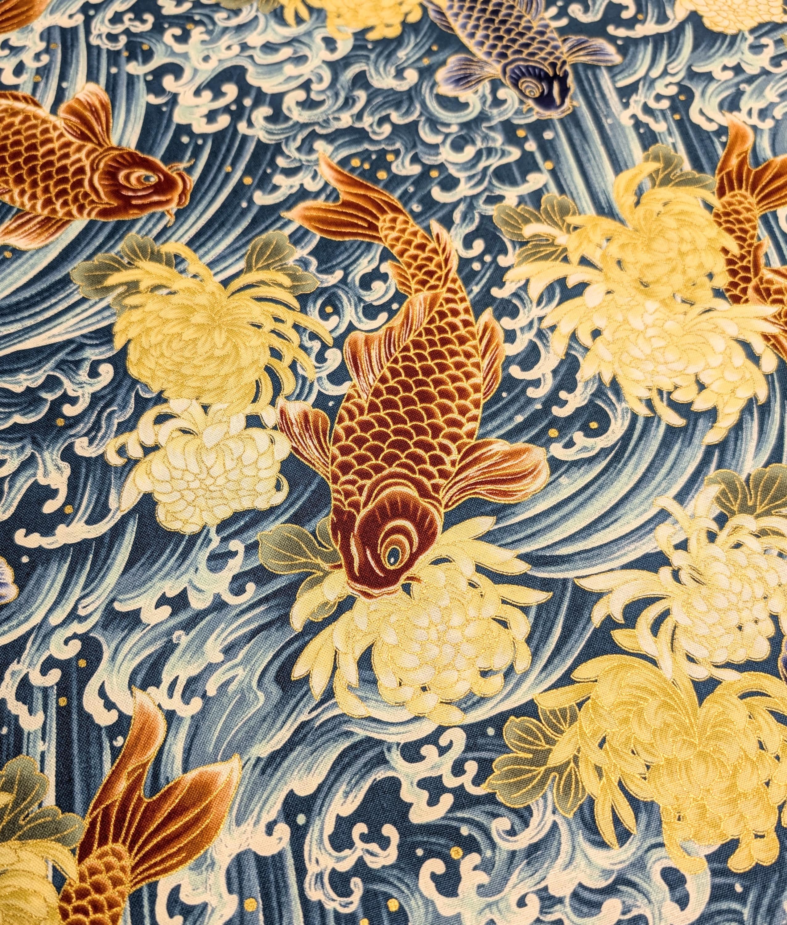 NEW Koi & Chrysanthemum Quilt Gate Hyakka Ryoran Japanese cotton fabric HR3510H-12 A teal