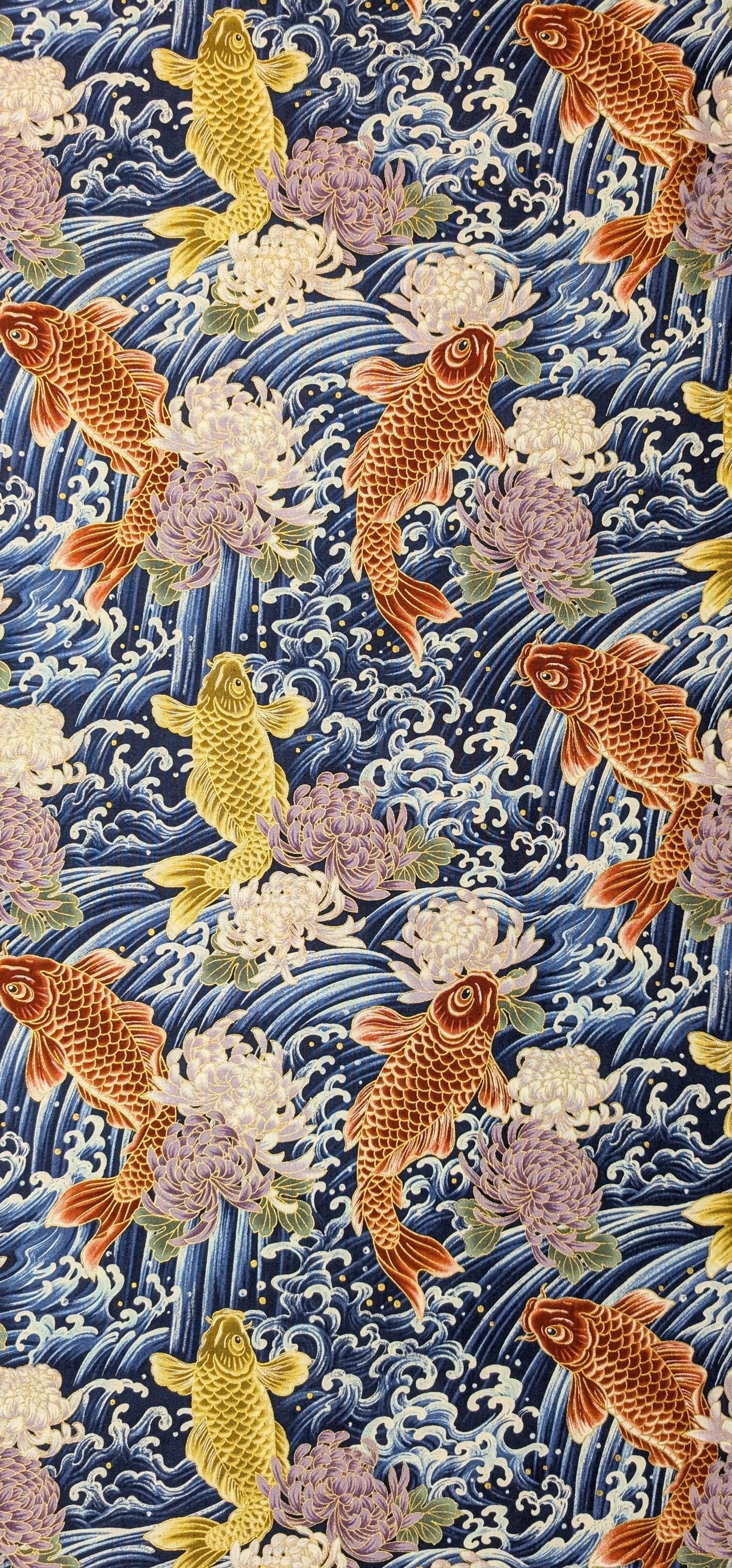 NEW Koi & Chrysanthemum Quilt Gate Hyakka Ryoran Japanese cotton fabric HR3510H-12 C blue