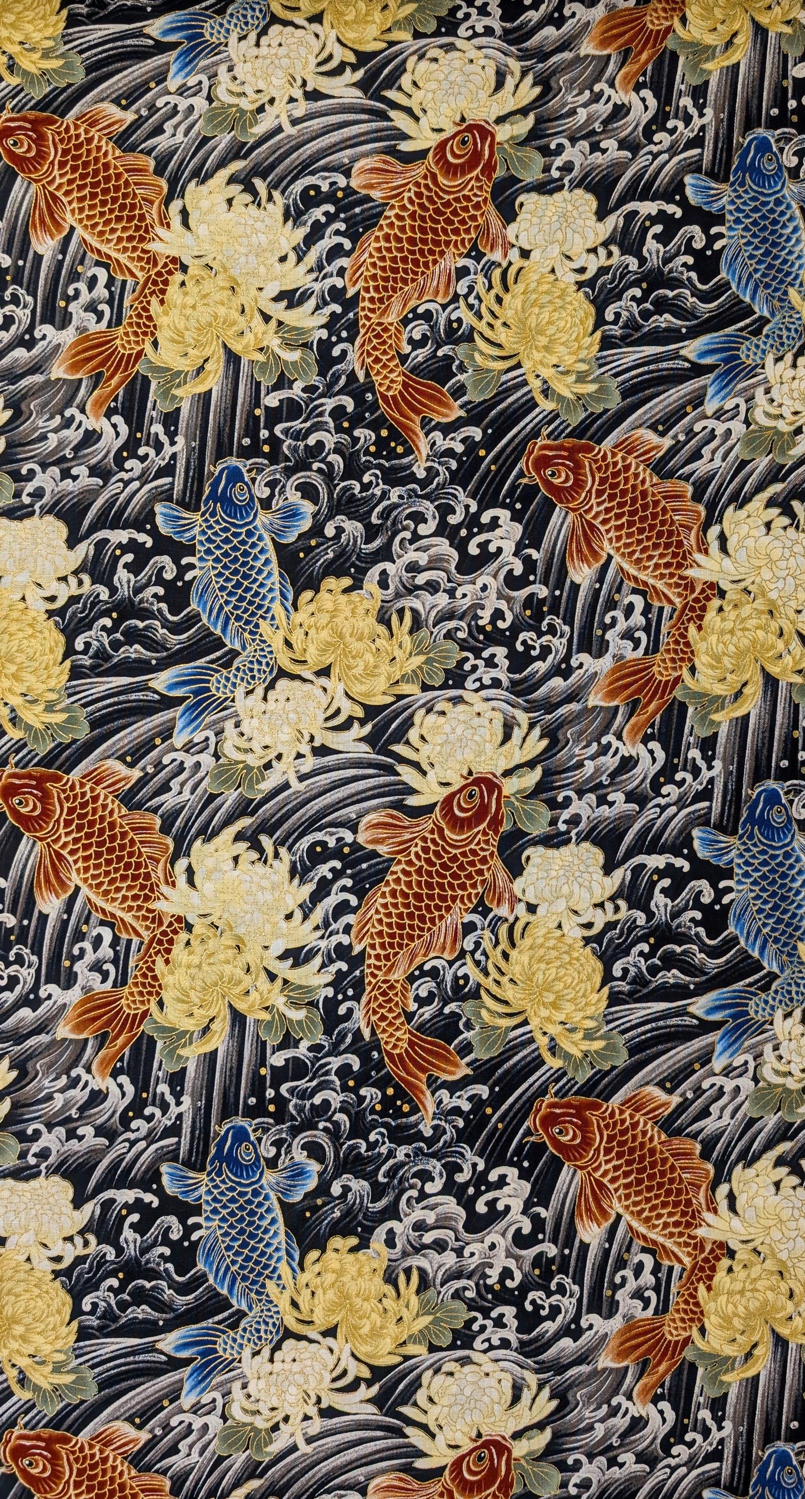 NEW Koi & Chrysanthemum Quilt Gate Hyakka Ryoran Japanese cotton fabric HR3510H-12 E black