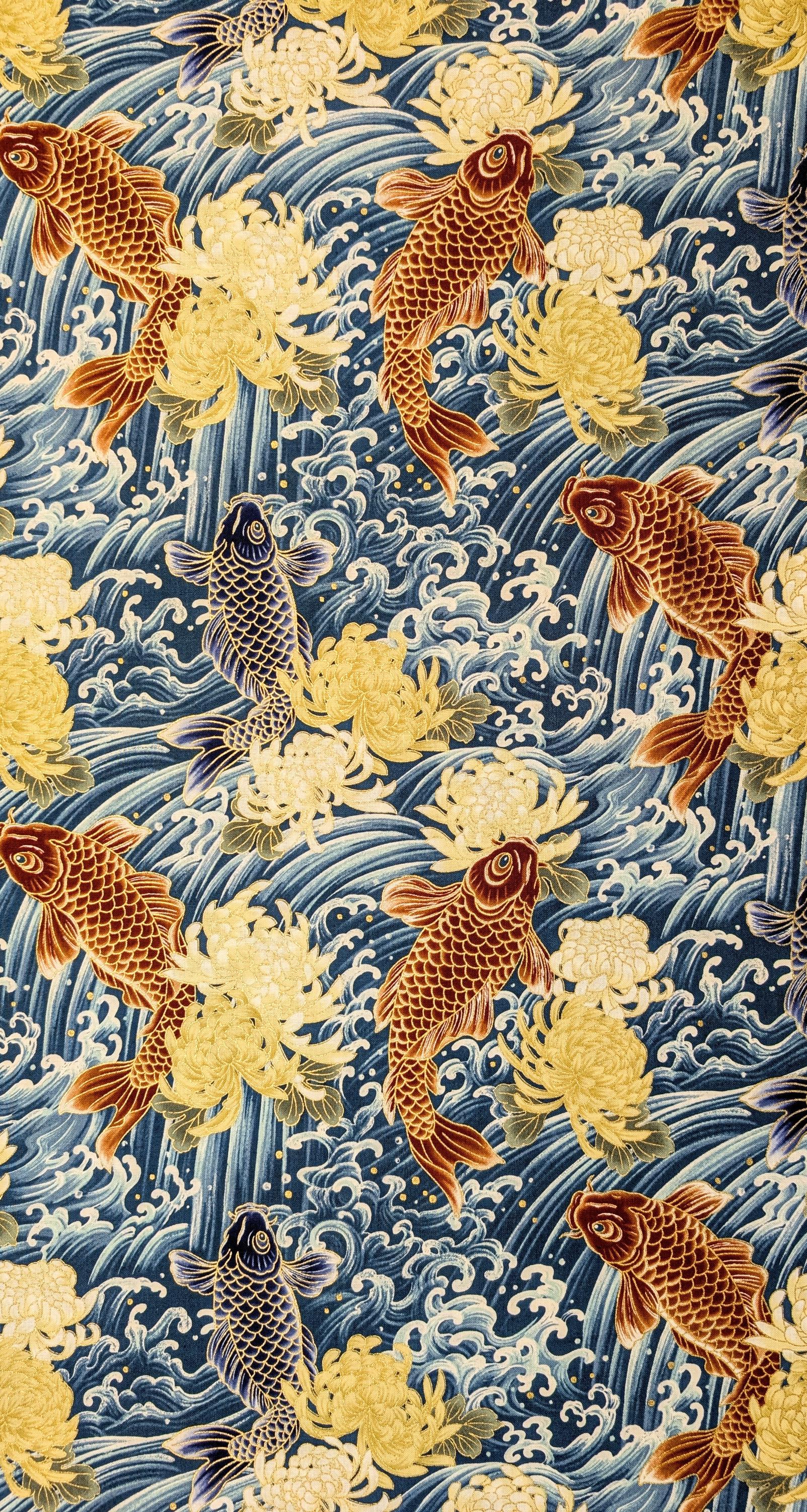 NEW Koi & Chrysanthemum Quilt Gate Hyakka Ryoran Japanese cotton fabric HR3510H-12 A teal
