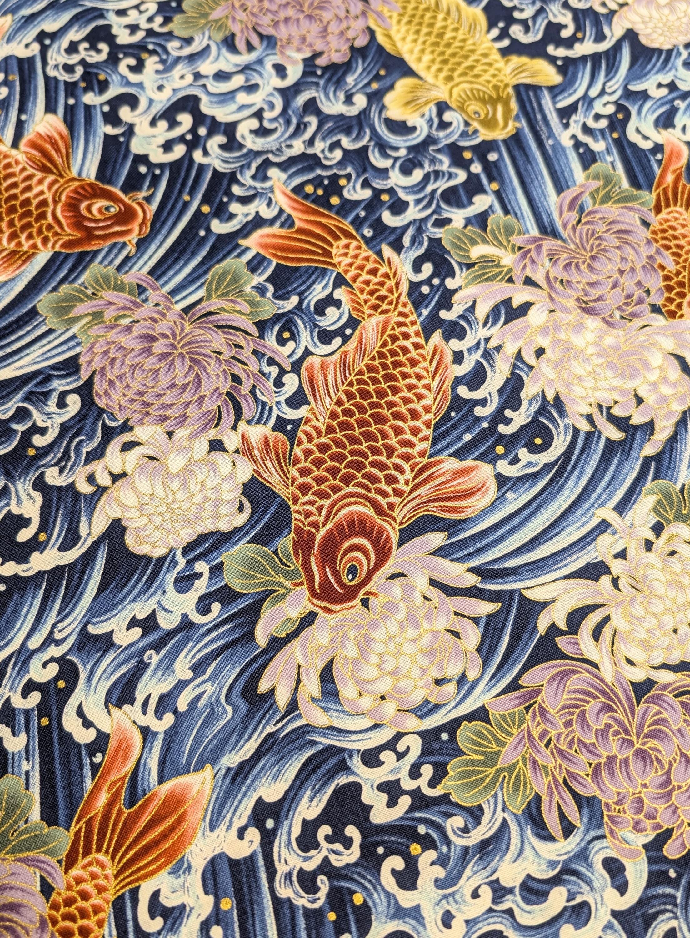 NEW Koi & Chrysanthemum Quilt Gate Hyakka Ryoran Japanese cotton fabric HR3510H-12 C blue