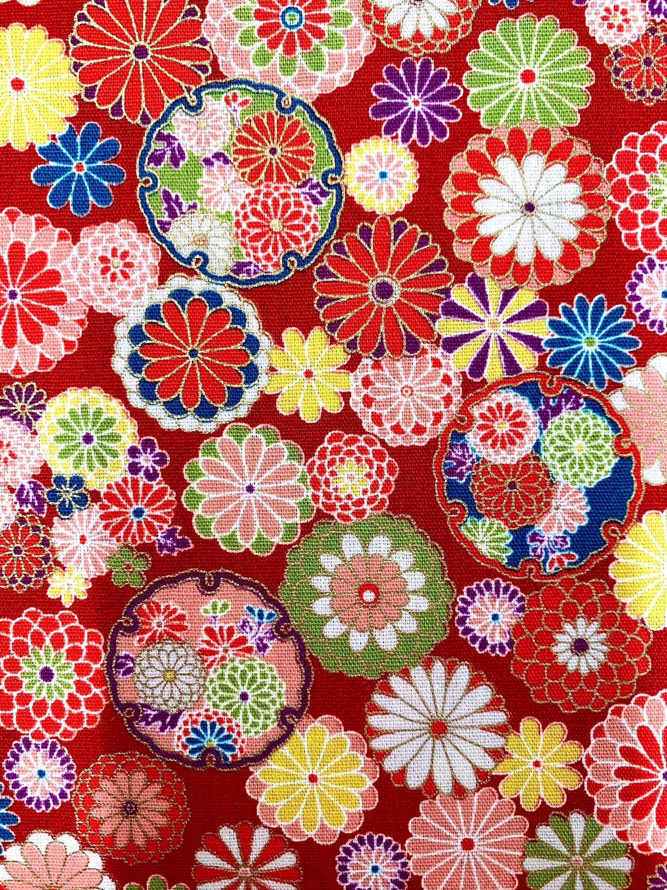 Senyo - Golden Flower Story Chrysanthemums Cotton Fabric - Red Yellow Green