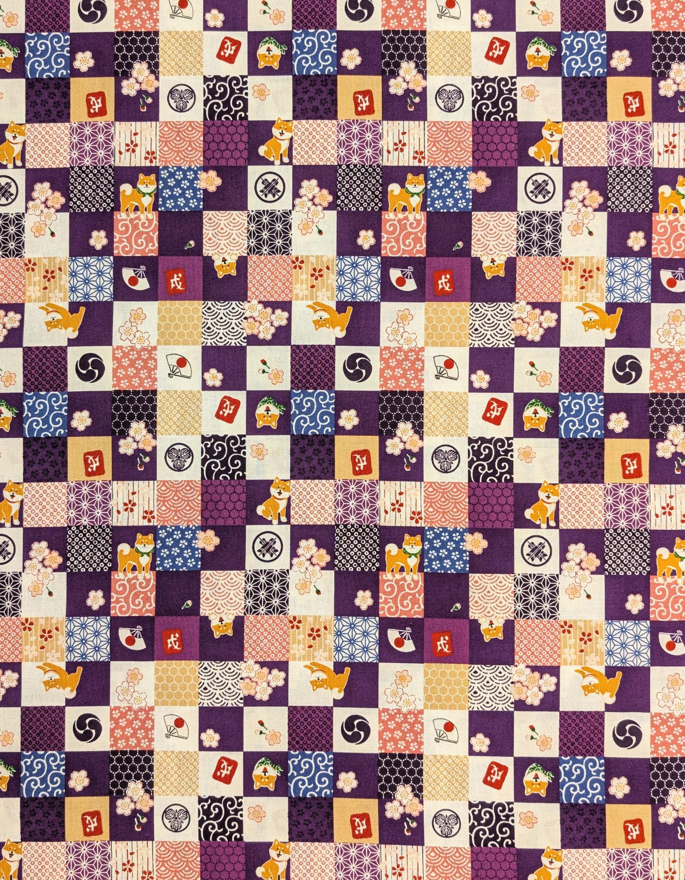 Cosmo - Checkerboard Shibas Cotton - Purple