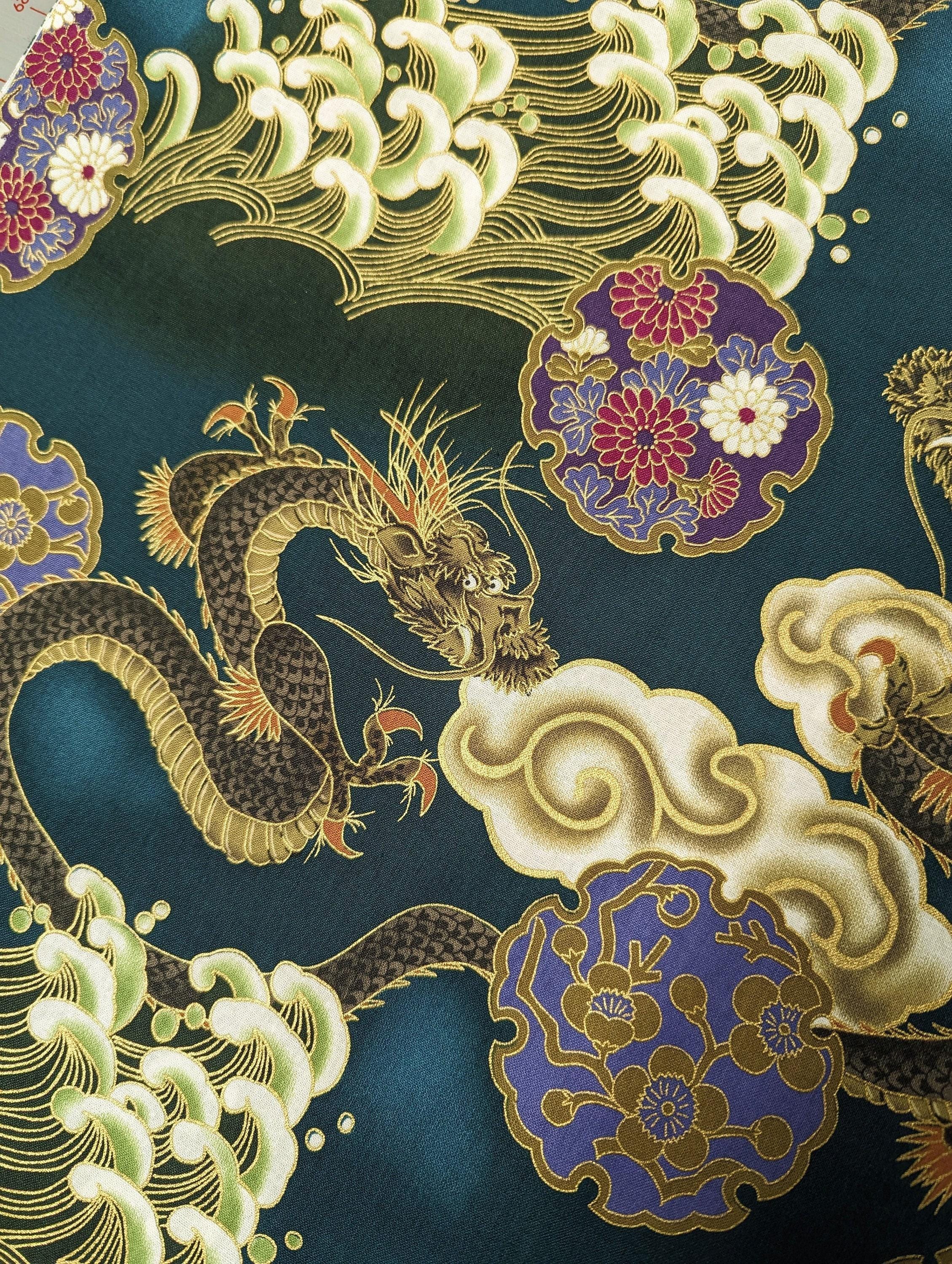 Golden Dragons with Waves Naka Japanese cotton fabric N-1750-59 C green