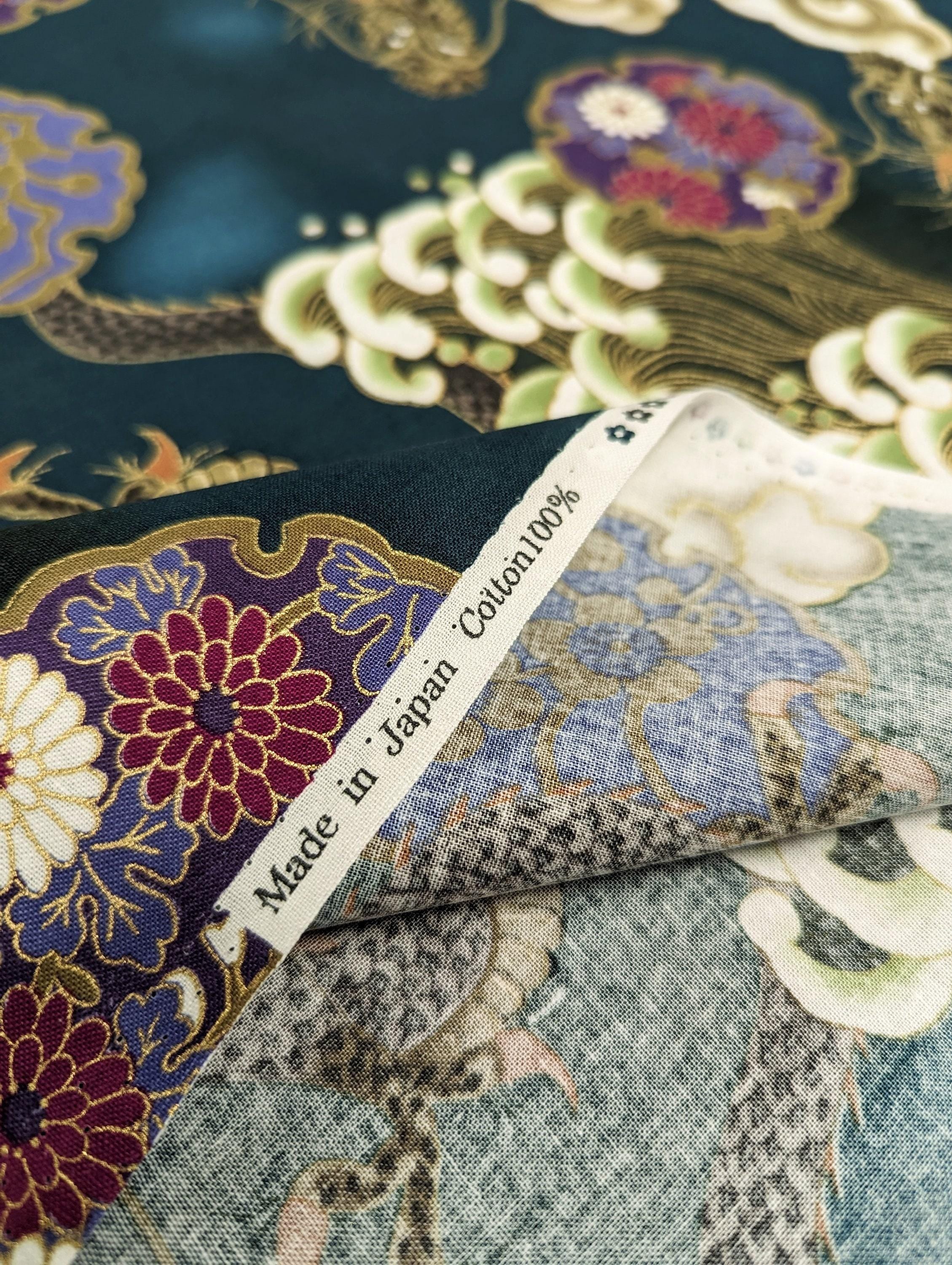 Golden Dragons with Waves Naka Japanese cotton fabric N-1750-59 C green