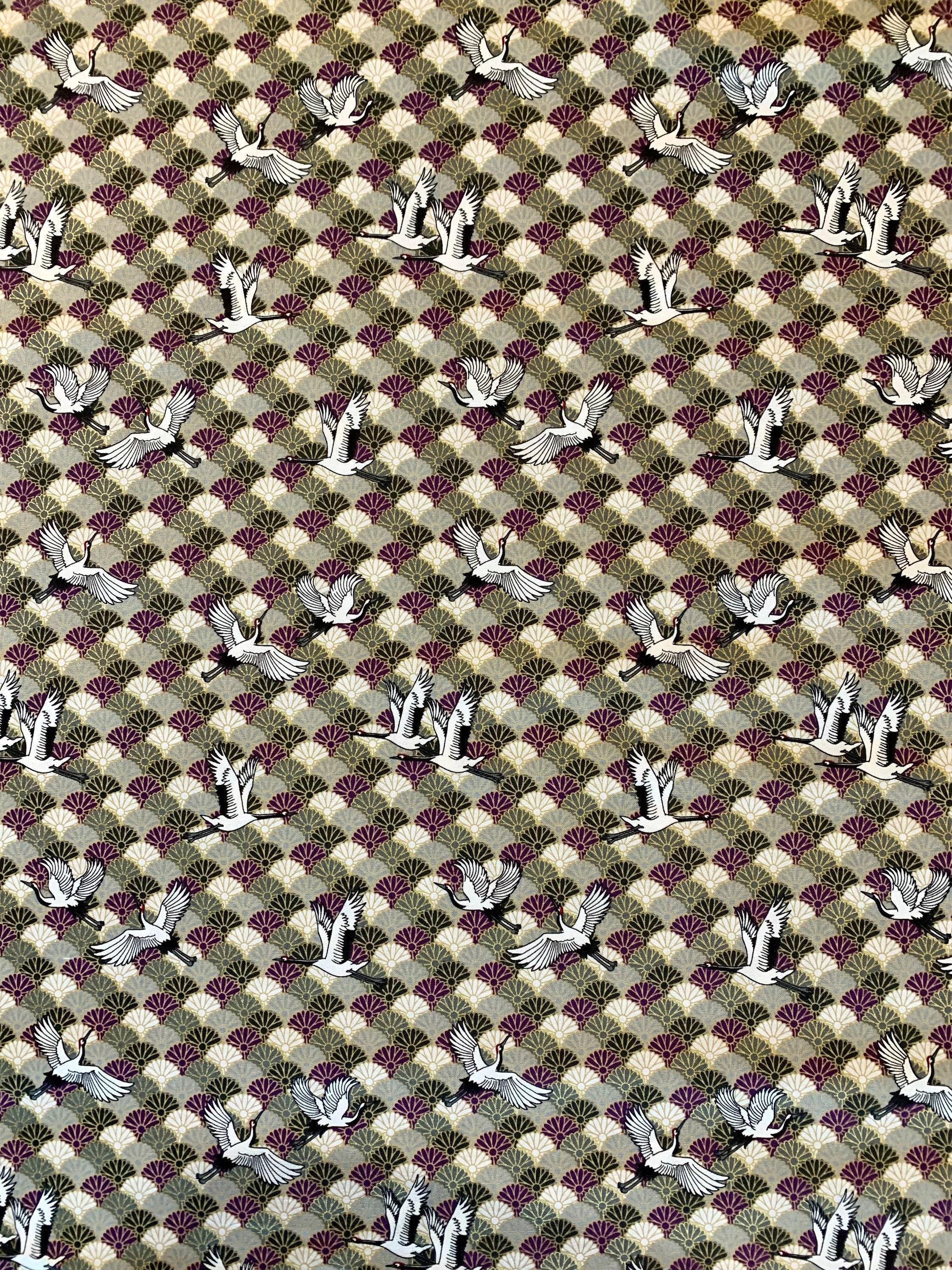 REMNANT Cranes and Chrysanthemum Waves Japanese cotton fabric 2000-73C gray green purple white gold