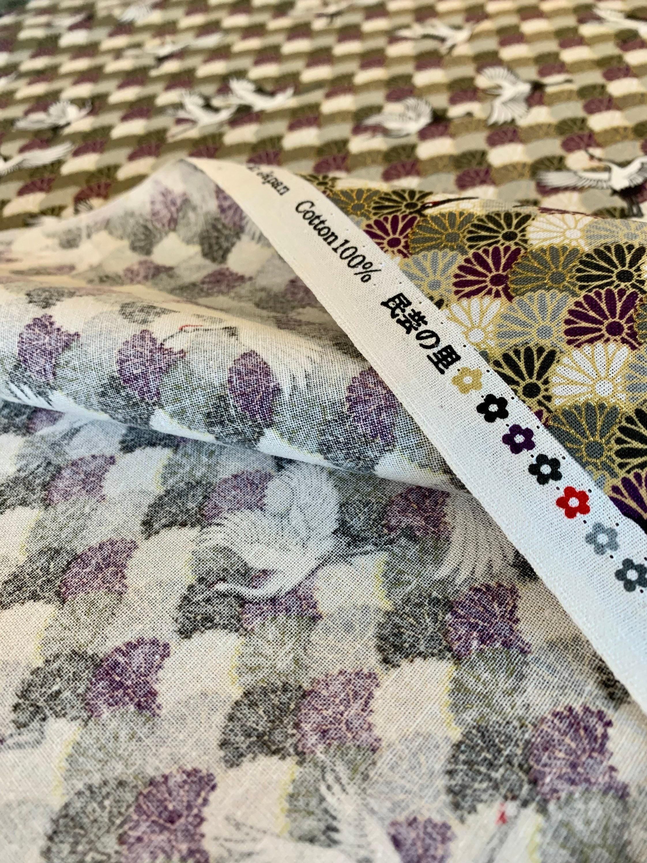 REMNANT Cranes and Chrysanthemum Waves Japanese cotton fabric 2000-73C gray green purple white gold