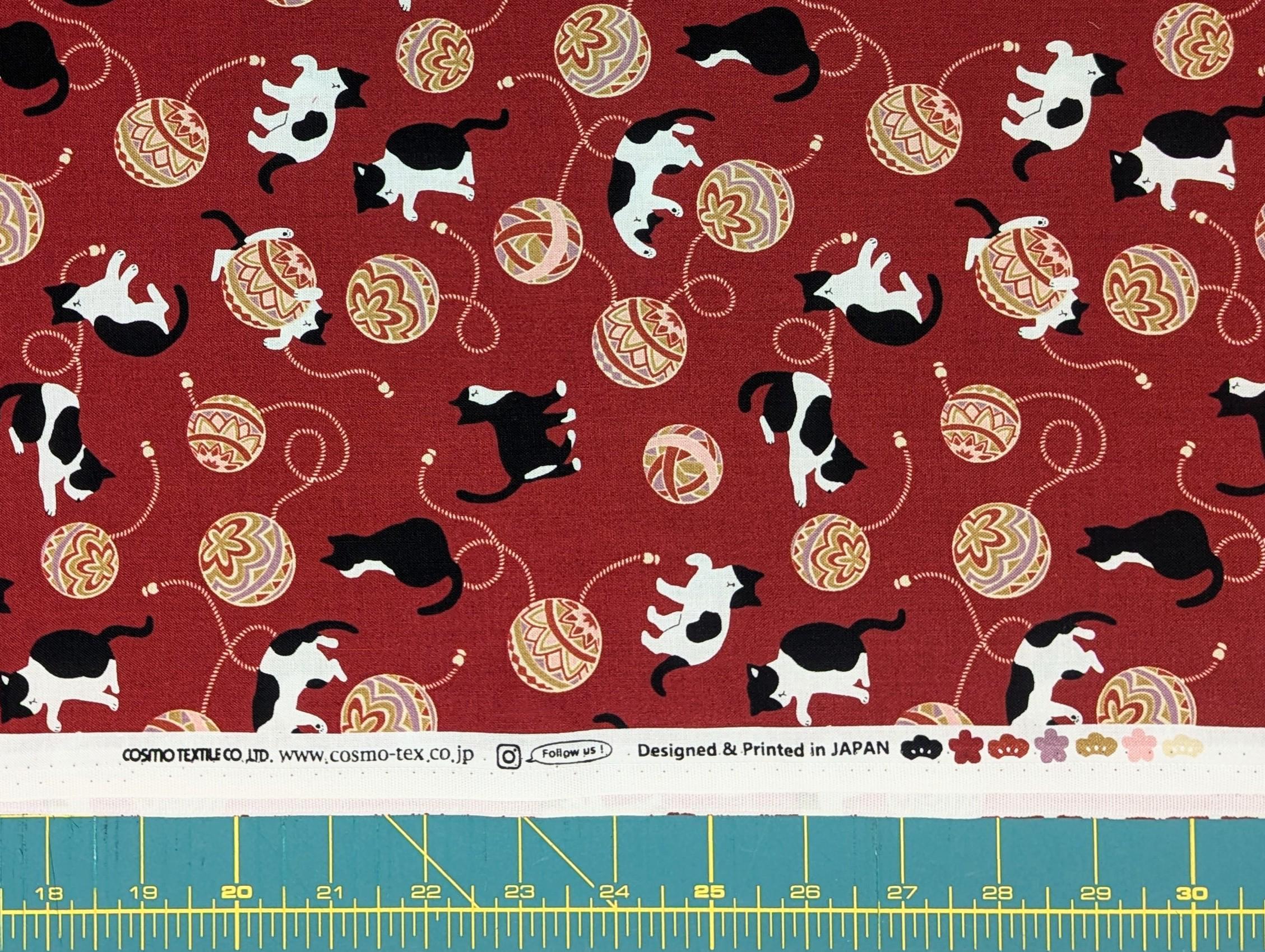 Cosmo - Temari Cats Quilt Cotton - Red