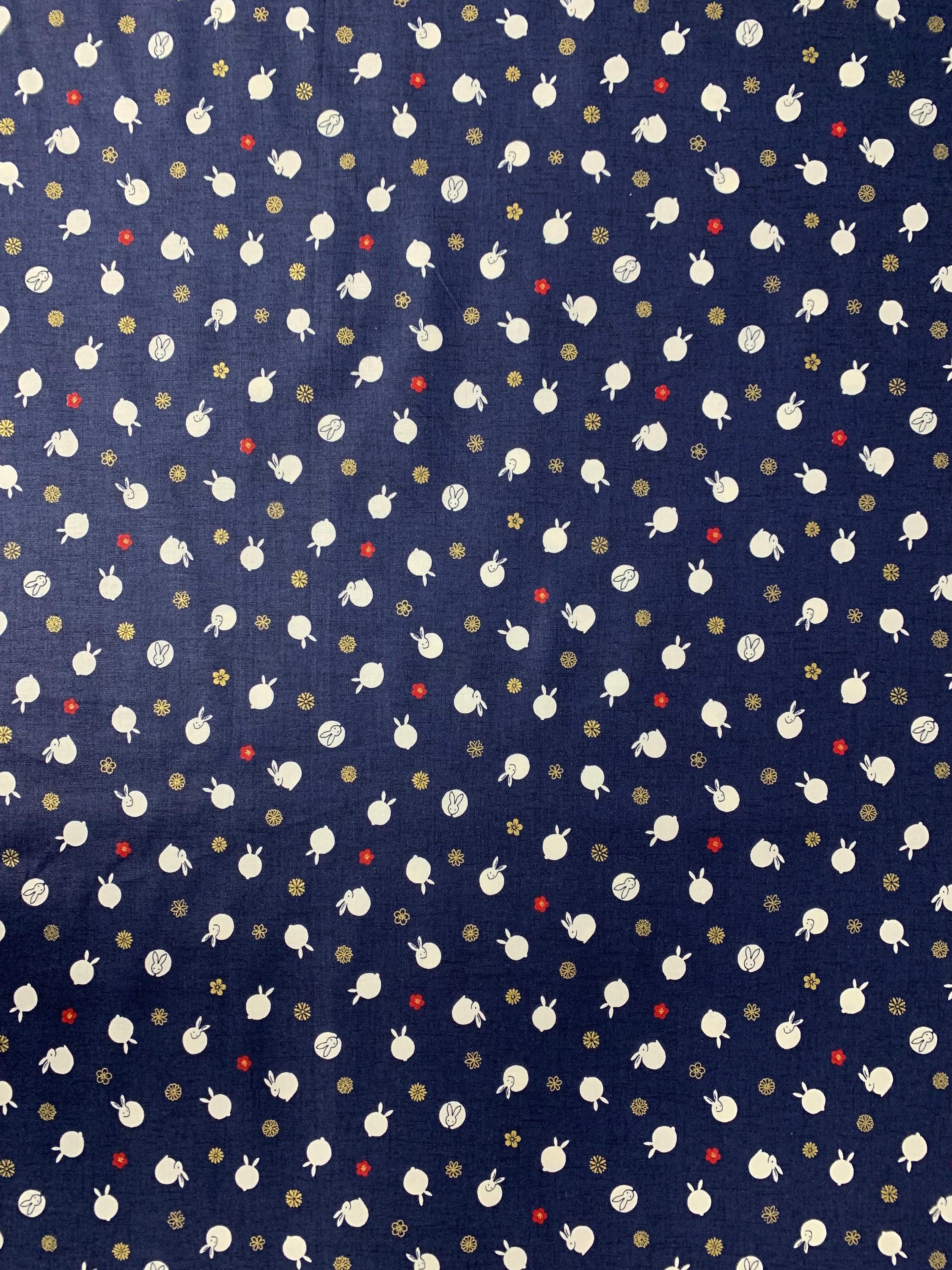 QuiltGate - Hyakka Ryoran Tiny Rabbits Cotton Fabric - Dark Blue