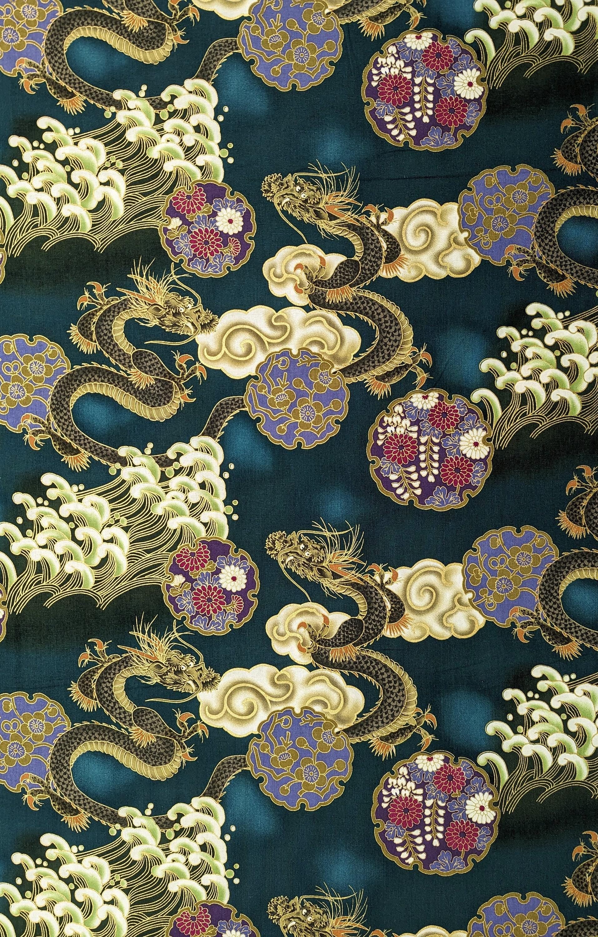 Golden Dragons with Waves Naka Japanese cotton fabric N-1750-59 C green