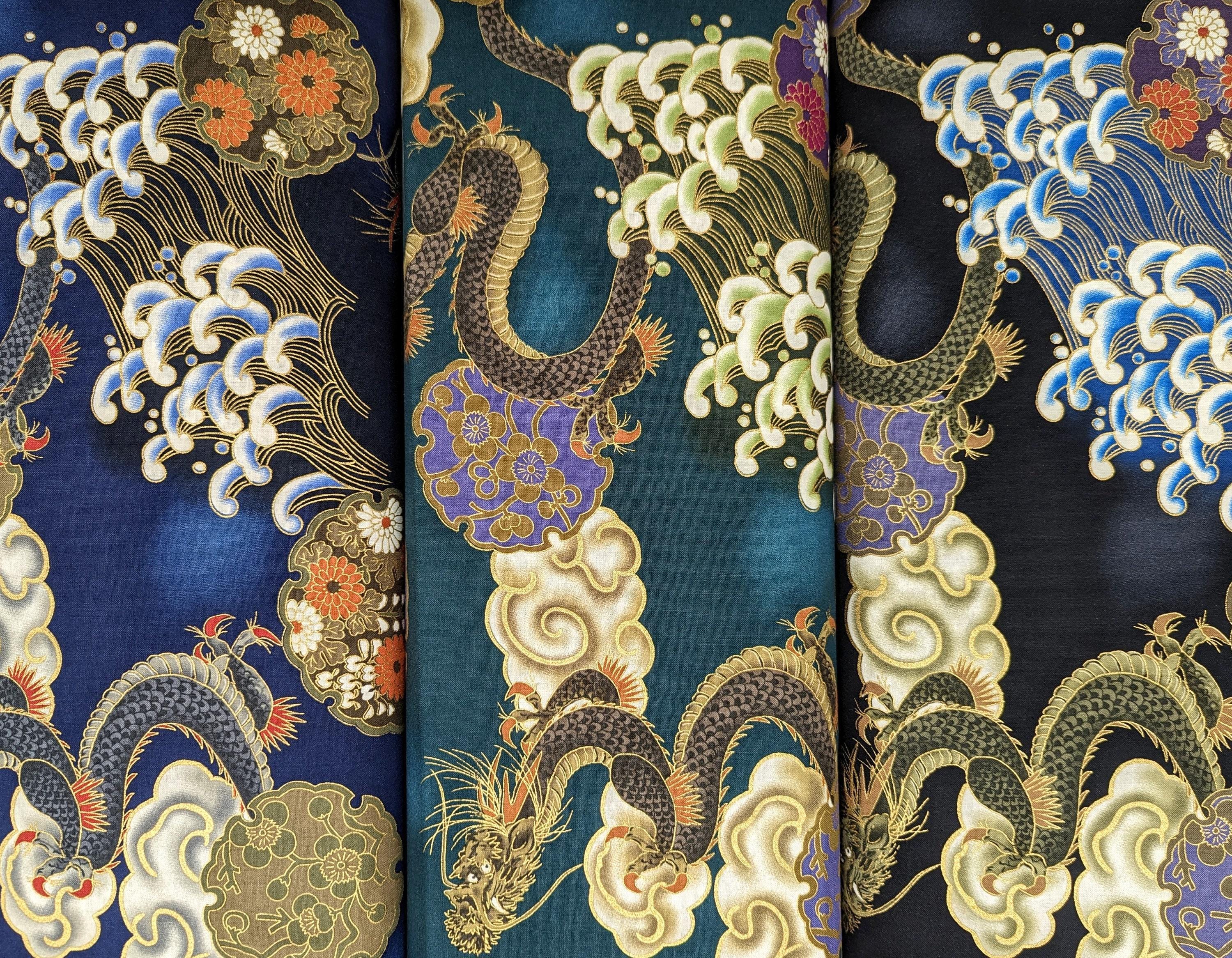 Golden Dragons with Waves Naka Japanese cotton fabric N-1750-59 C green