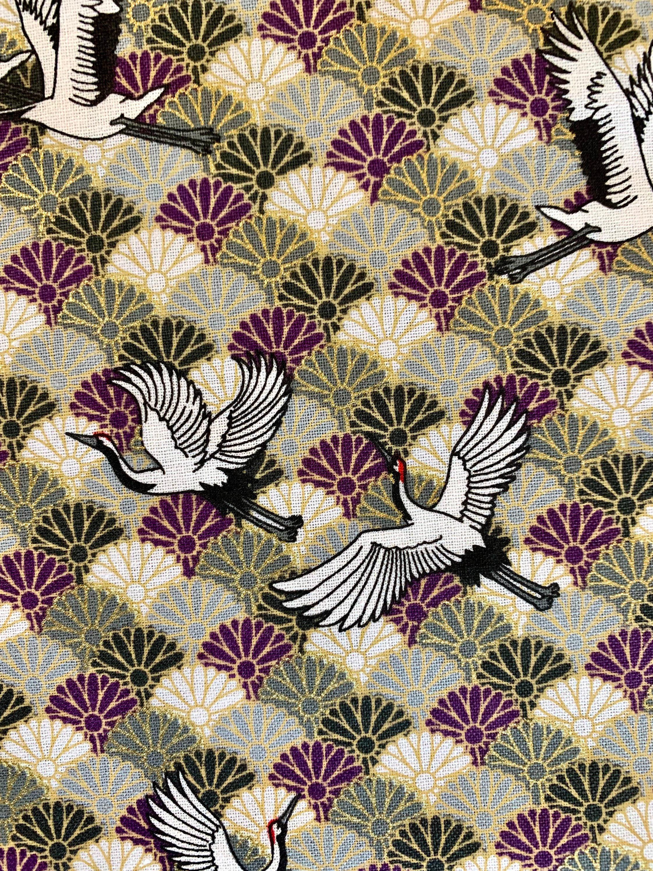 REMNANT Cranes and Chrysanthemum Waves Japanese cotton fabric 2000-73C gray green purple white gold