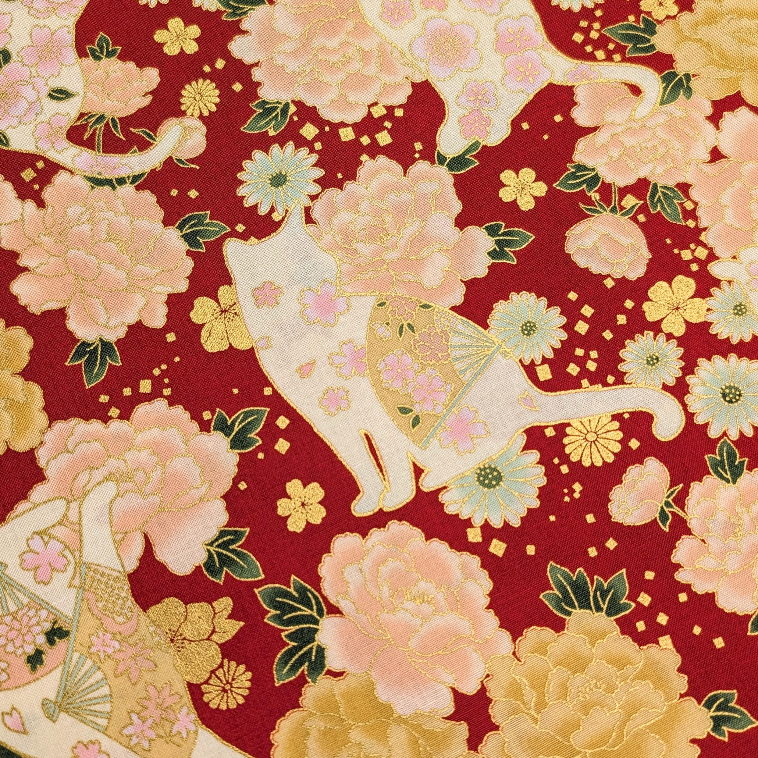 NEW Cats and Roses Quilt Gate Hyakka Ryoran Japanese cotton fabric HR3480-12 C red