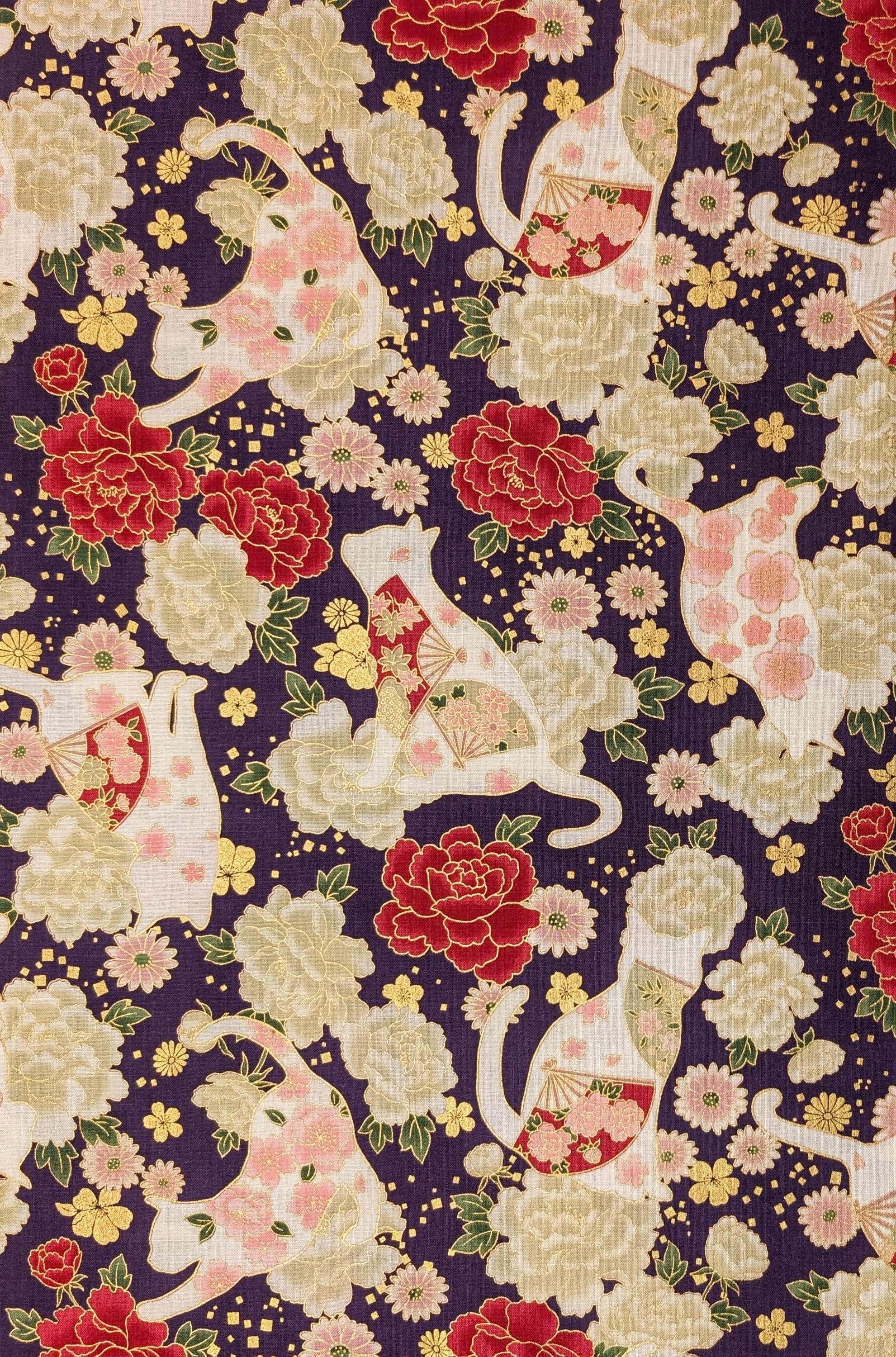 NEW Cats and Roses Quilt Gate Hyakka Ryoran Japanese cotton fabric HR3480-12 D purple