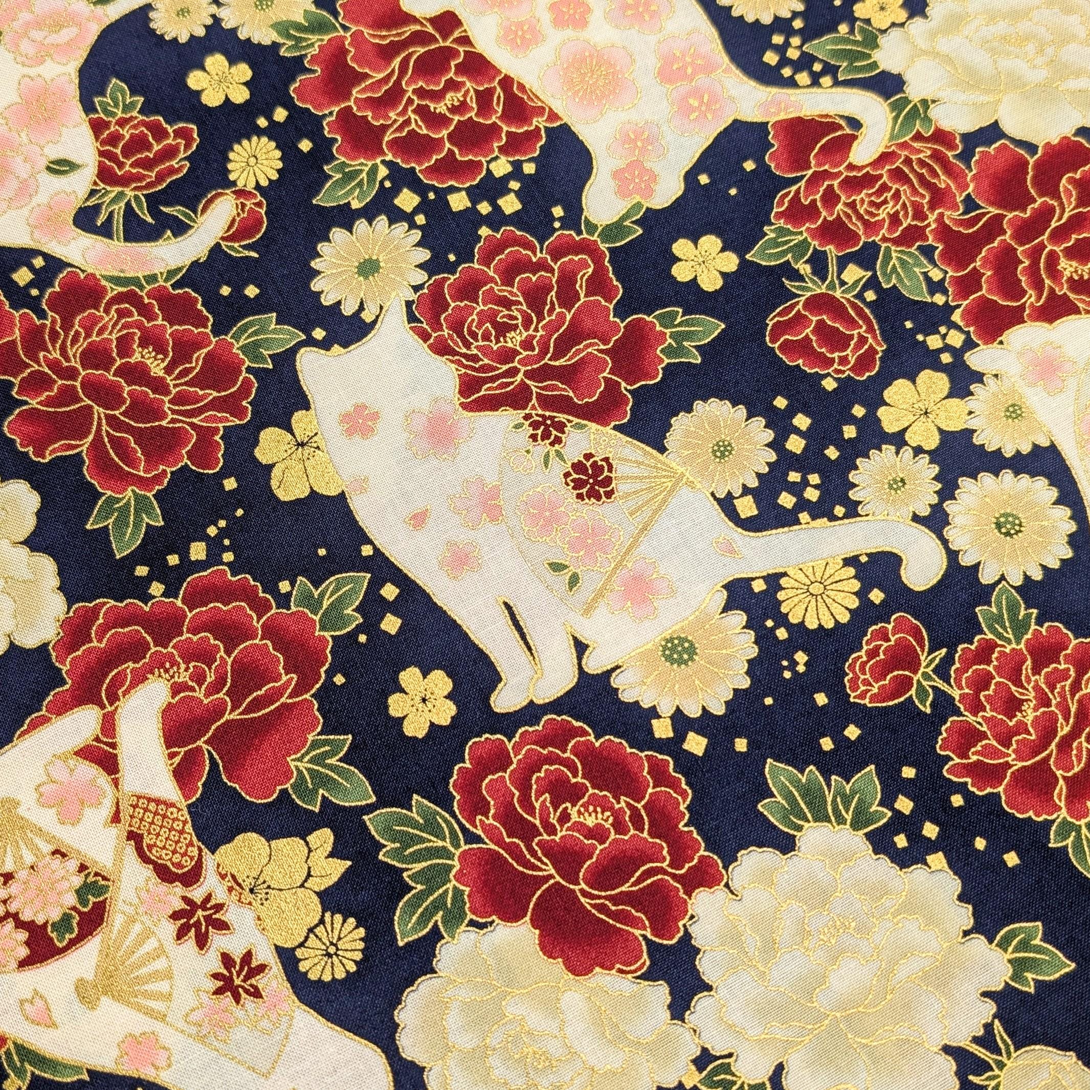 NEW Cats and Roses Quilt Gate Hyakka Ryoran Japanese cotton fabric HR3480-12 E blue