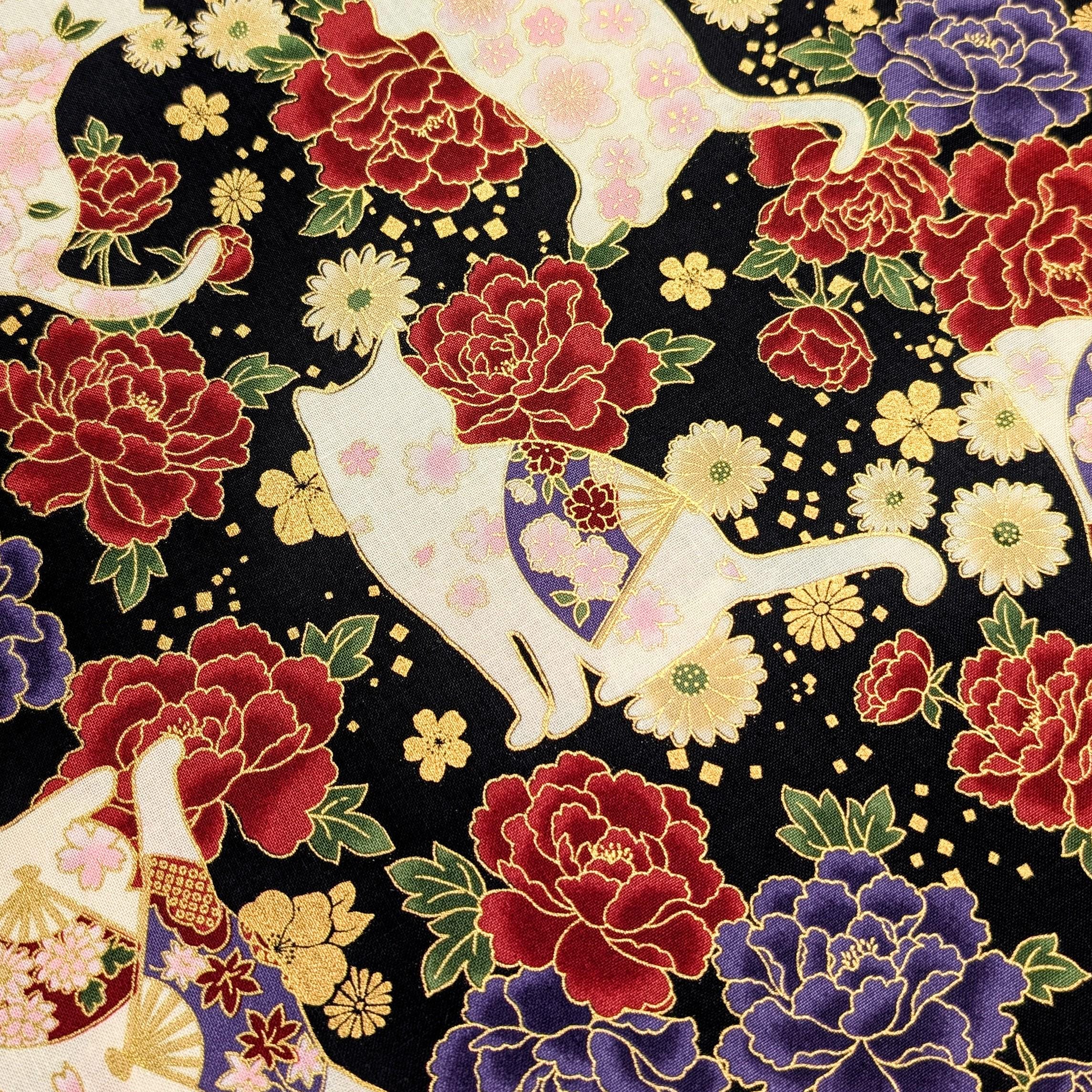 NEW Cats and Roses Quilt Gate Hyakka Ryoran Japanese cotton fabric HR3480-12 F black
