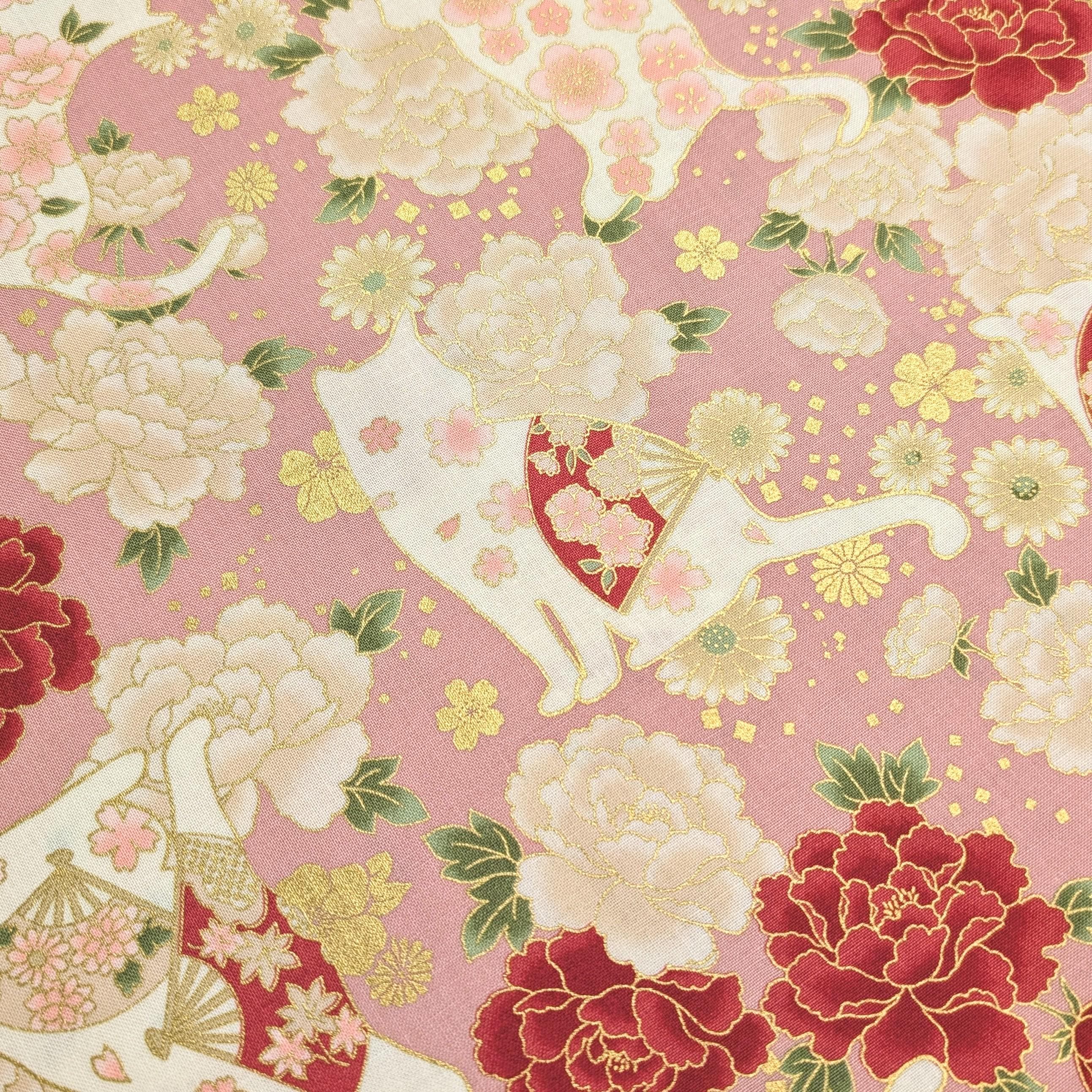 NEW Cats and Roses Quilt Gate Hyakka Ryoran Japanese cotton fabric HR3480-12 B pink