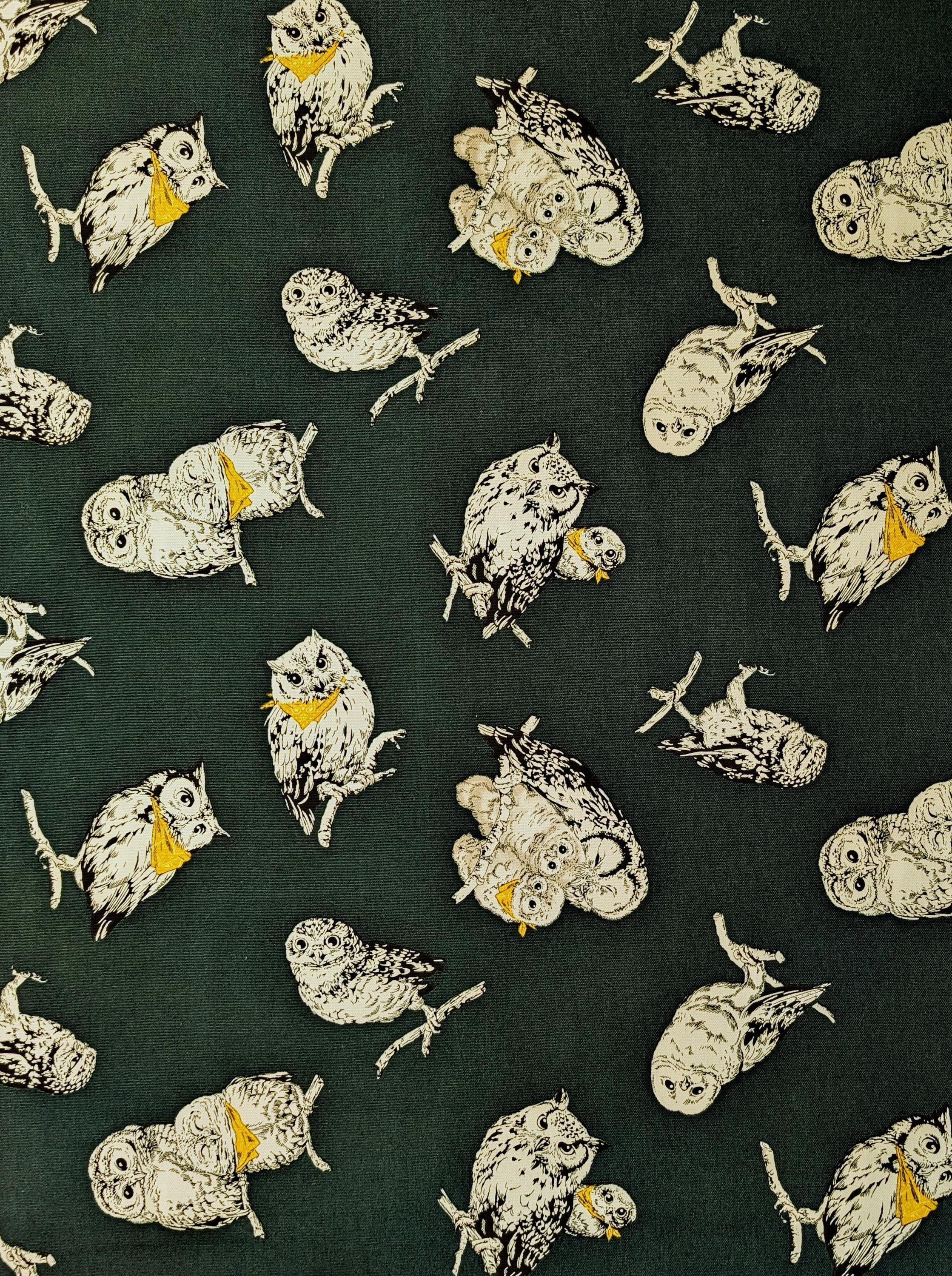 Cosmo - Owls in Bandanas Cotton Oxford - Dark Green