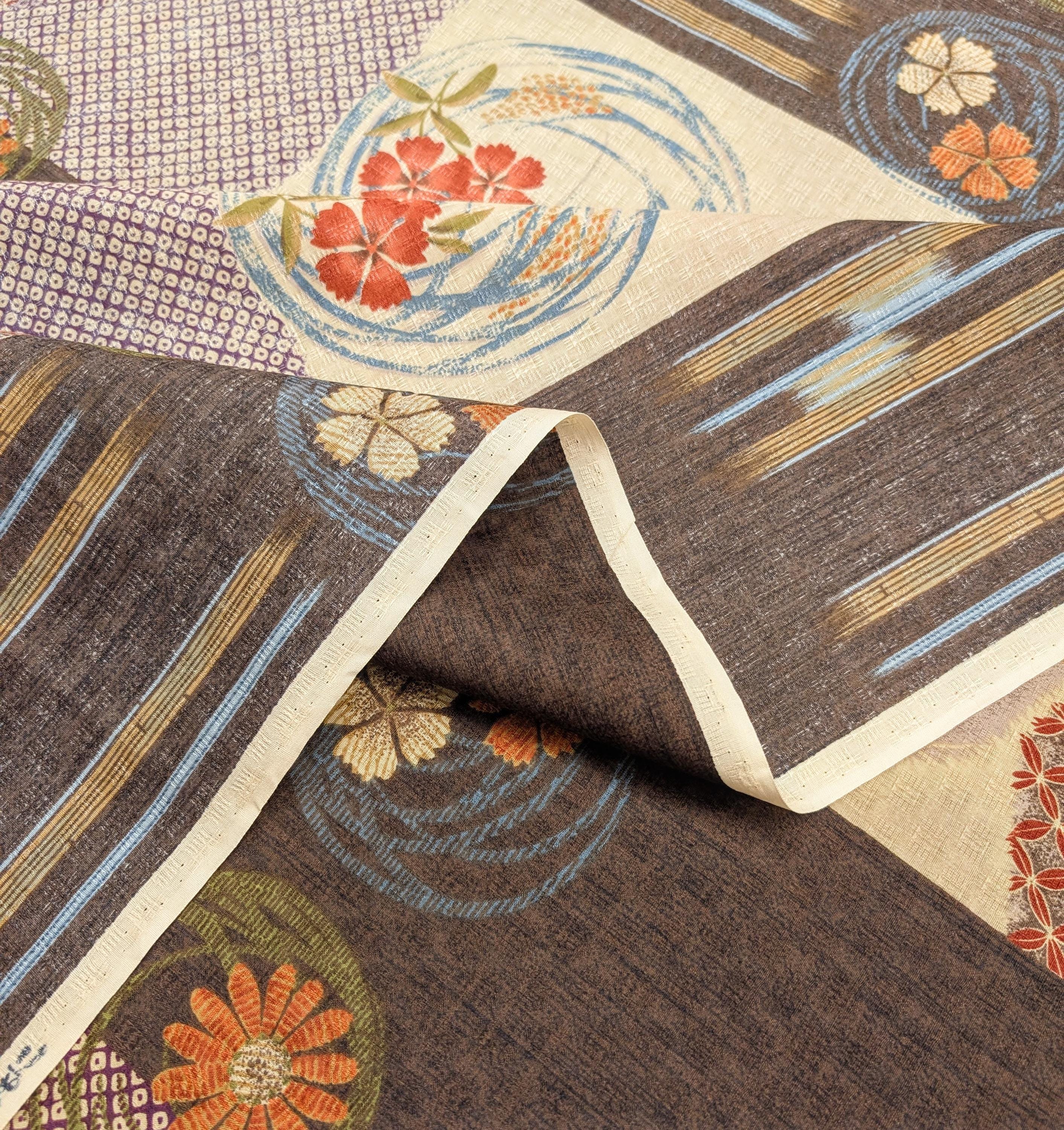 Wide Stripe Flower Circles Japanese Kobayashi dobby cotton fabric KTS-1594 D brown