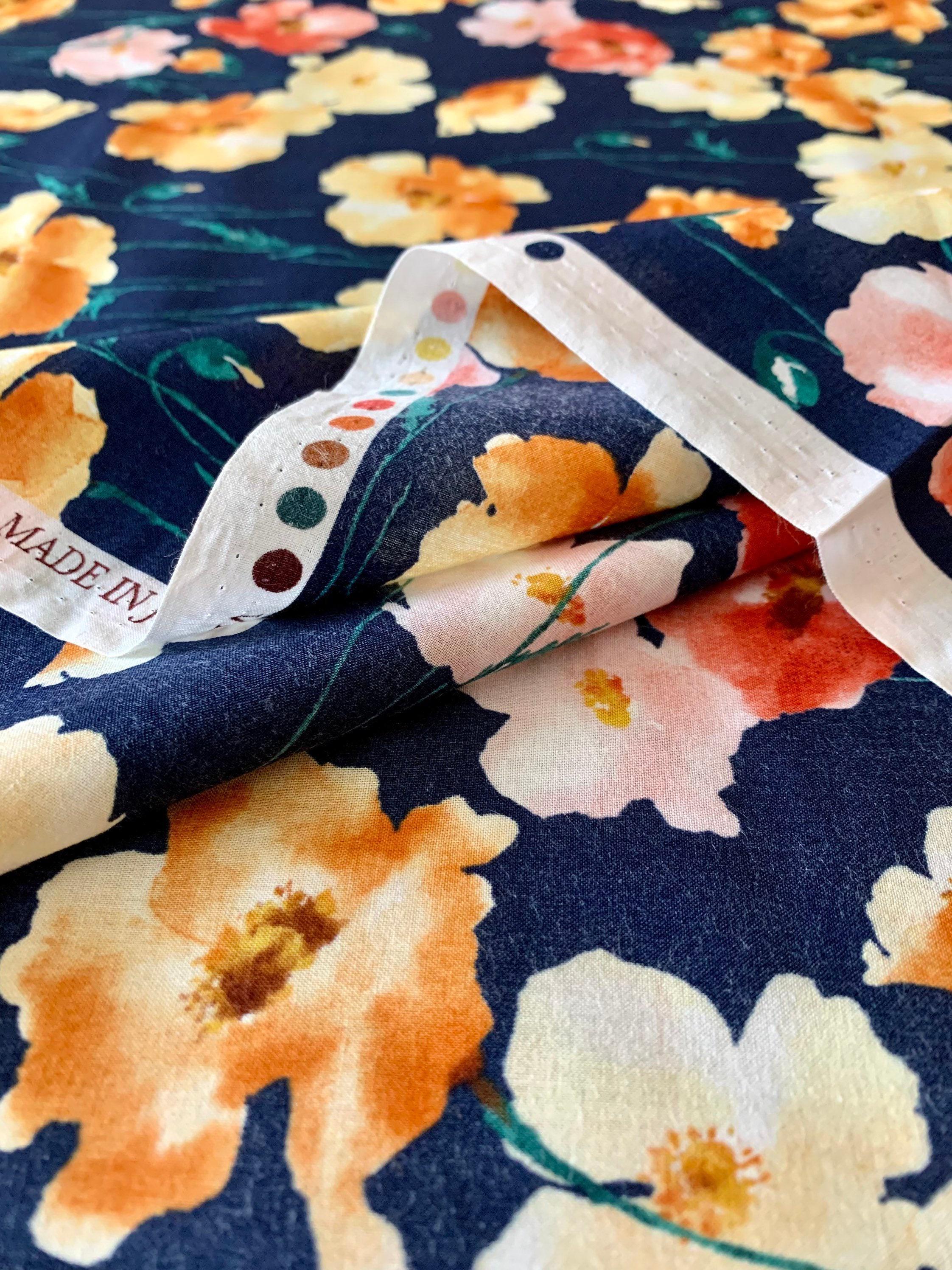 Kokka - Watercolor Poppies Cotton Lawn - Navy Blue Peach