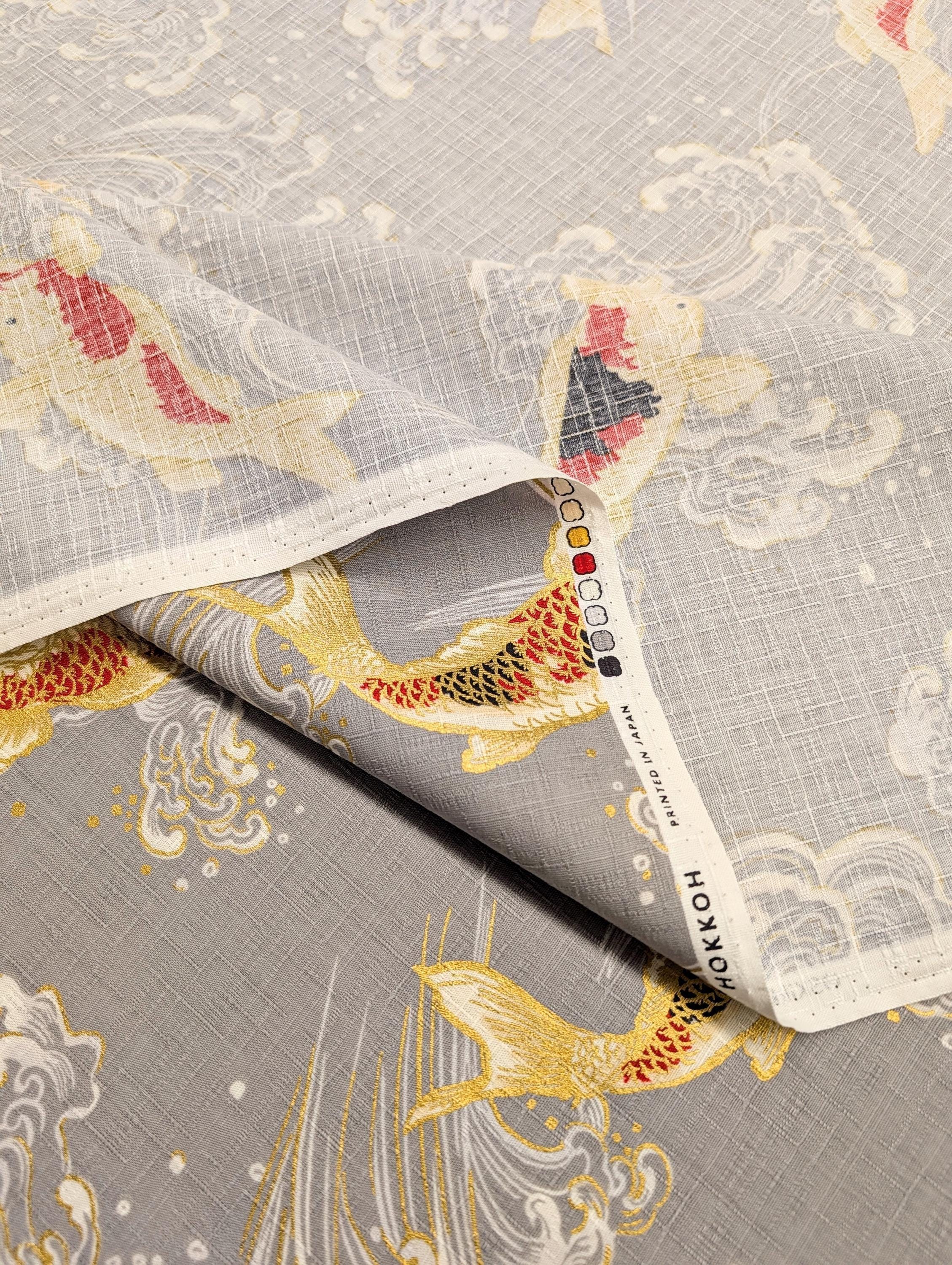 Swimming Golden Koi Hokkoh Japanese cotton dobby fabric 1025-100-2 B gray