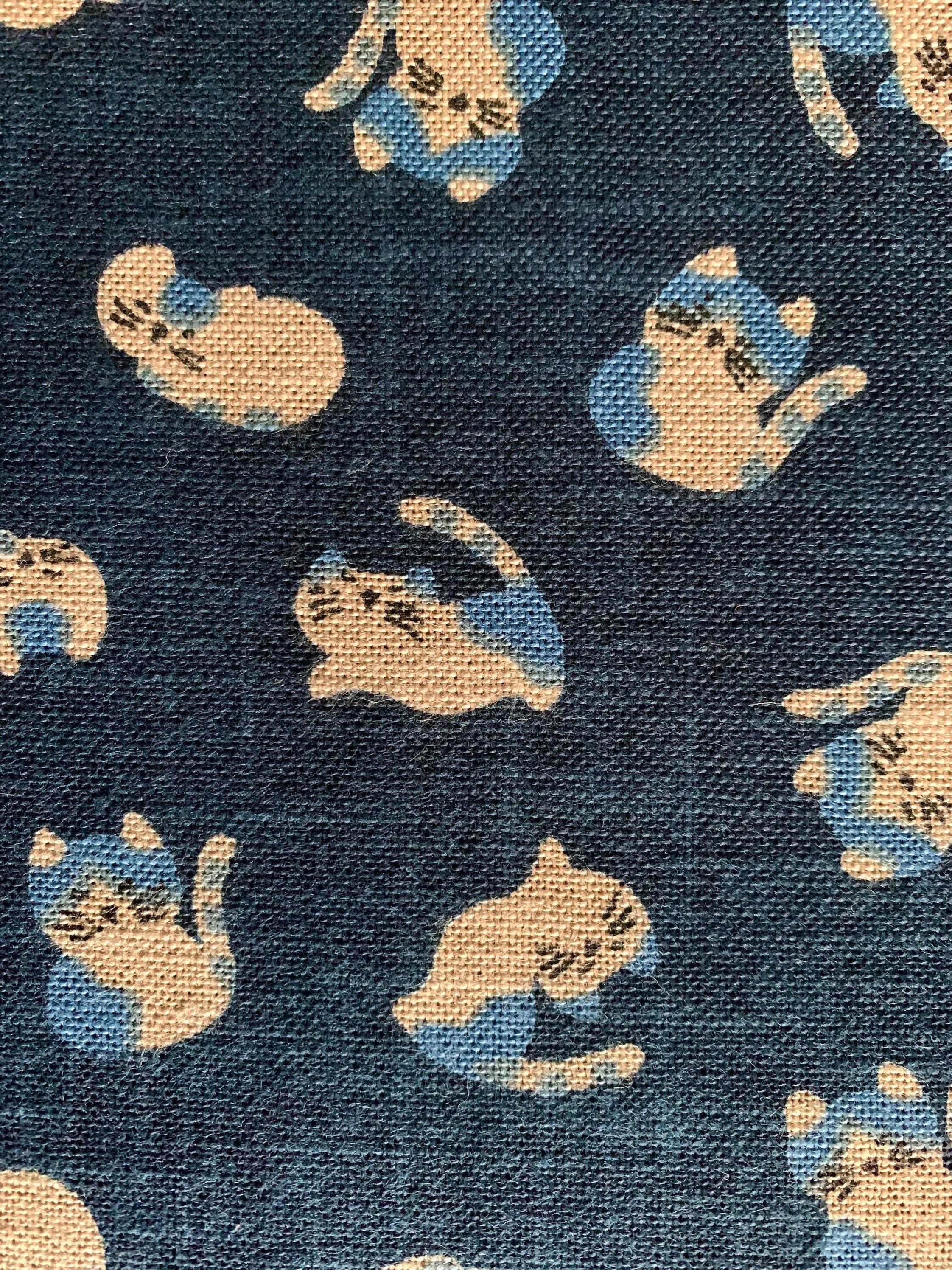 Kurenai - Playful Cats Hand Stenciled Cotton - Blue Beige
