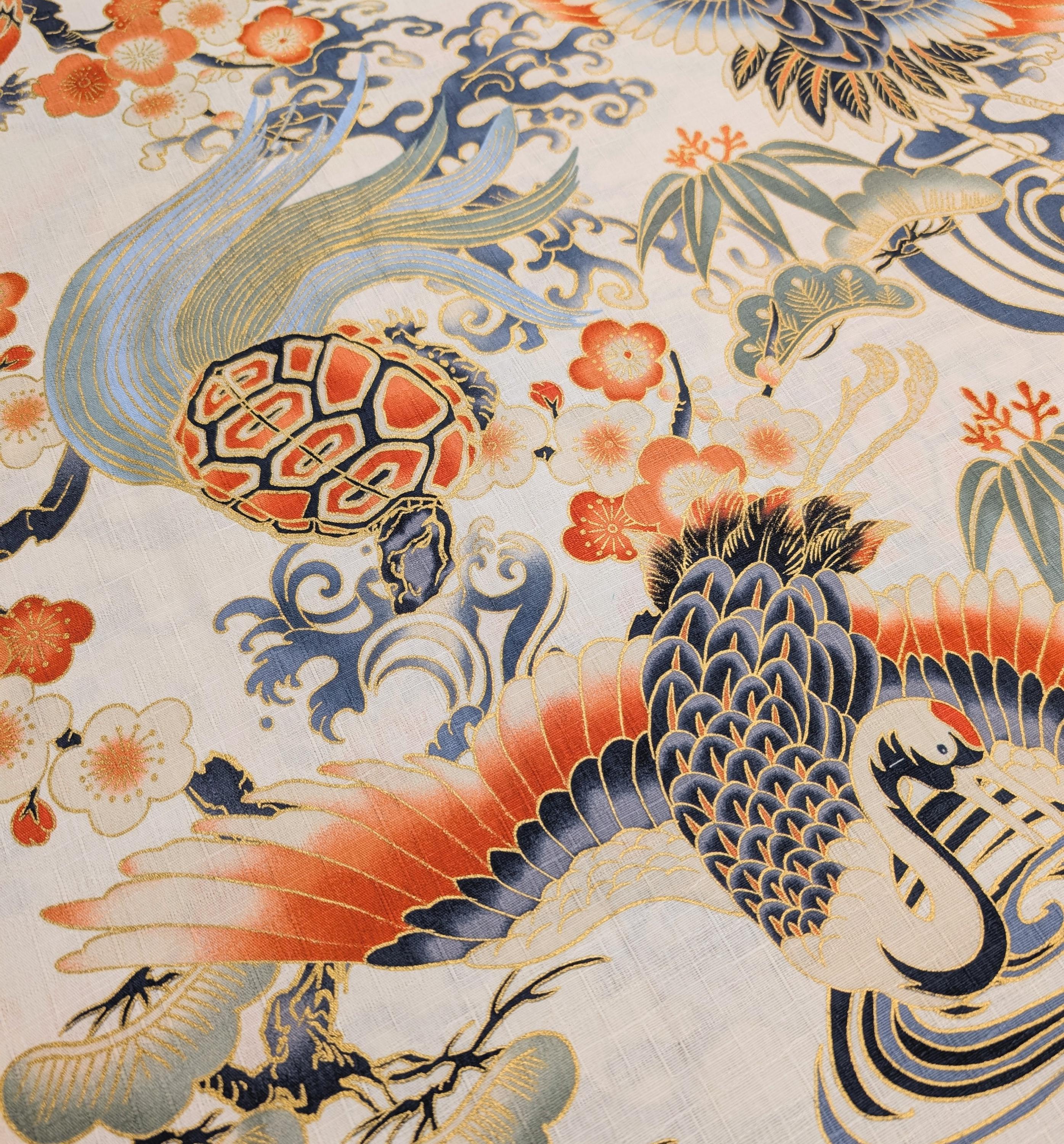 NEW Golden Crane & Minogame Hokkoh Japanese cotton dobby fabric 1025-100-5 A white
