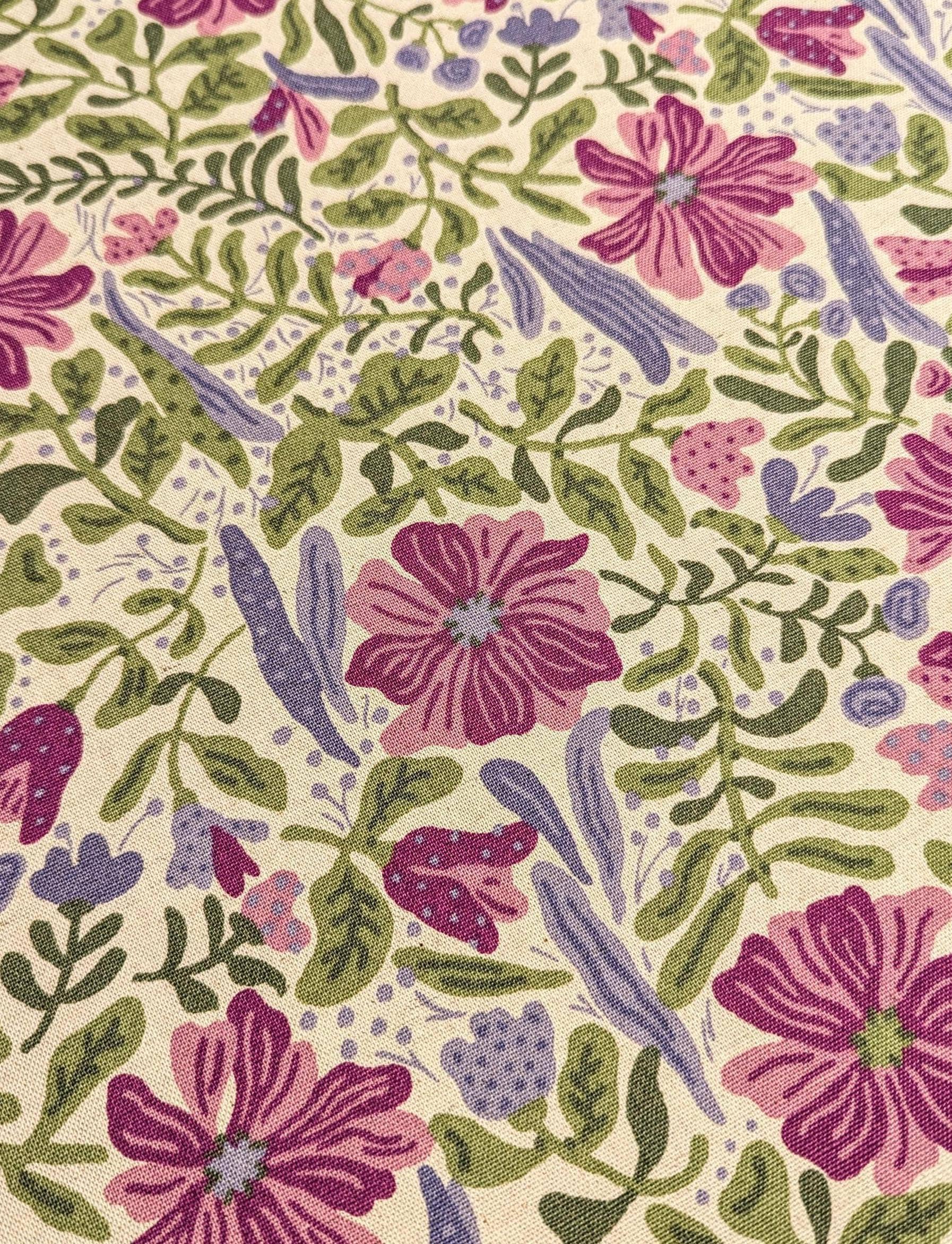 Kobayashi - Folk Art Flowers Cotton/Linen Oxford - Purple, Green and Beige